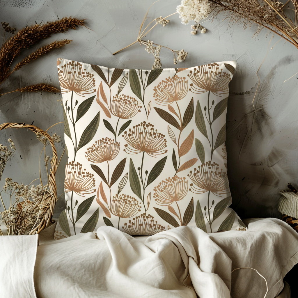 Earthy Allium Flower Pattern Pillow Cover | Modern Botanical Art | Neutral Decor