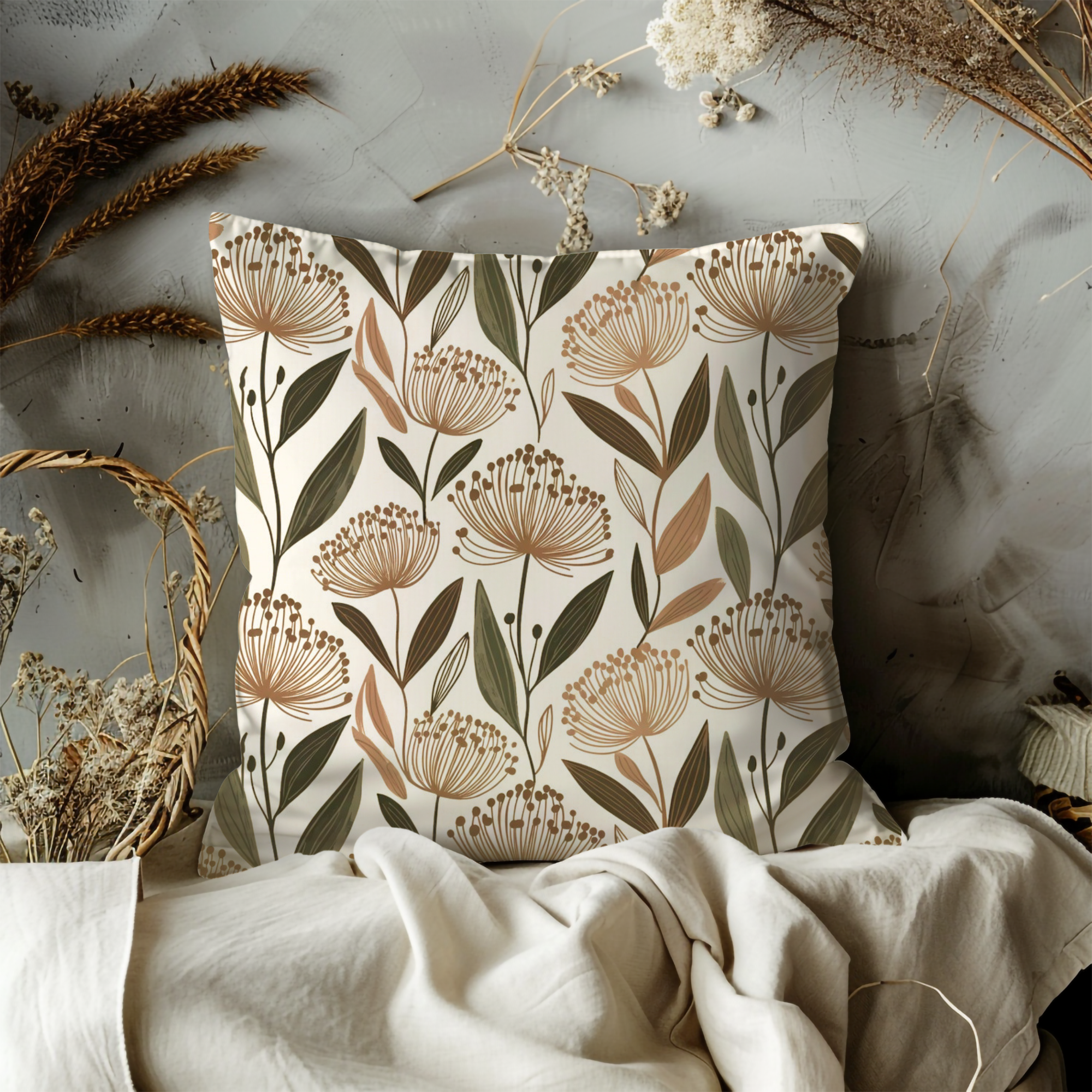 Earthy Allium Flower Pattern Pillow Cover | Modern Botanical Art | Neutral Decor