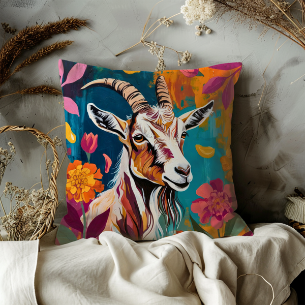 Colorful Goat Portrait Pillow Cover | Vibrant Wildlife Art | Bold Nature Decor