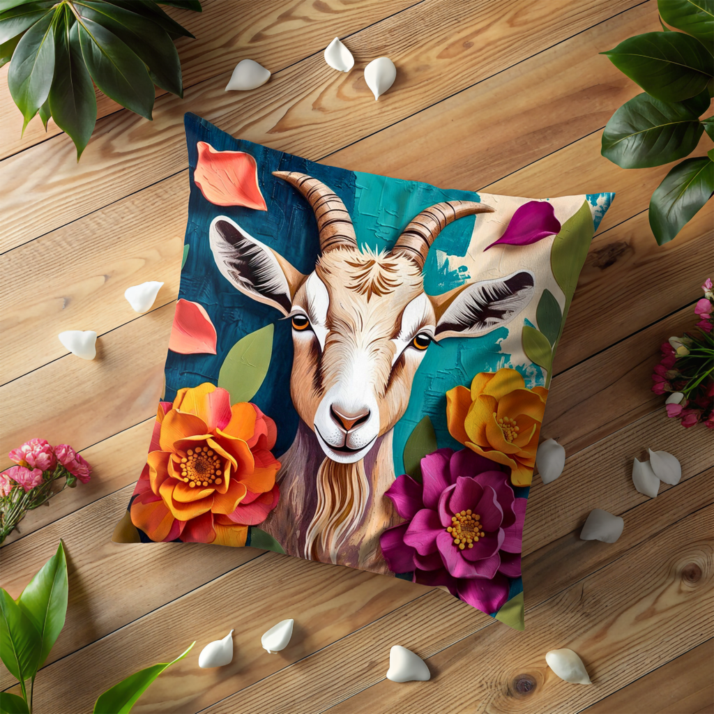 Goat Floral Portrait Pillow Cover | Whimsical Animal Art | Nature Decor