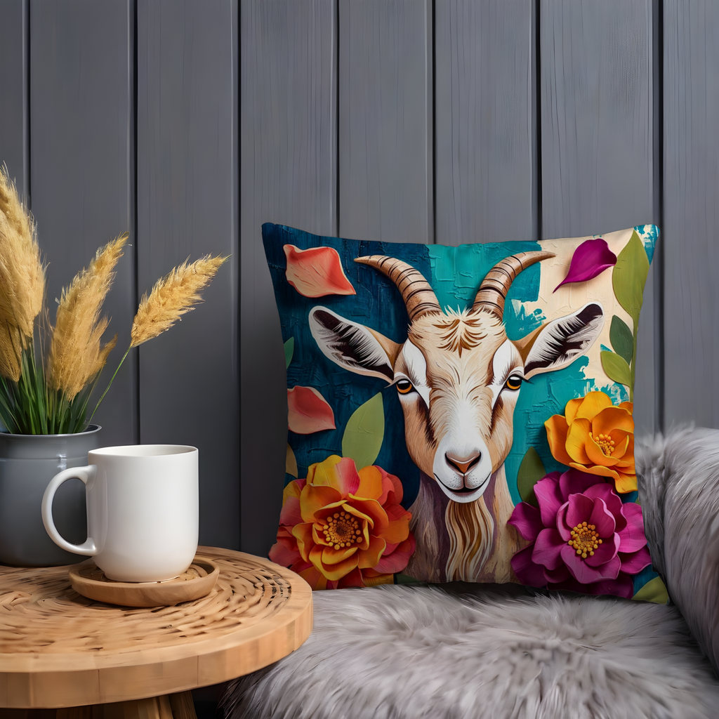 Goat Floral Portrait Pillow Cover | Whimsical Animal Art | Nature Decor