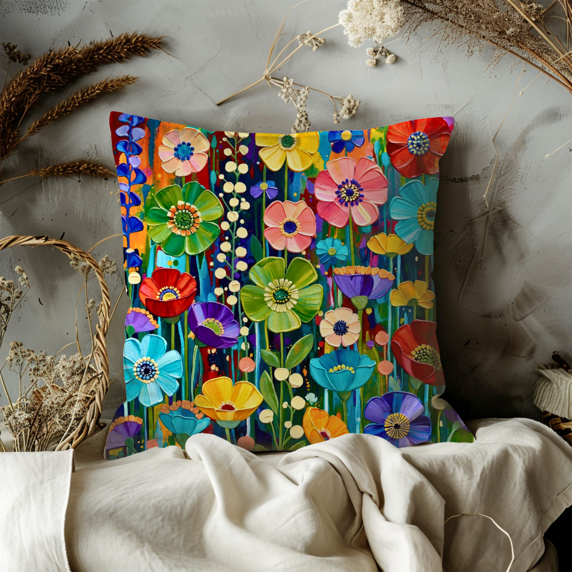 Vibrant Multicolor Flower Pillow Cover – Bold Floral Art | Joyful Nature Decor