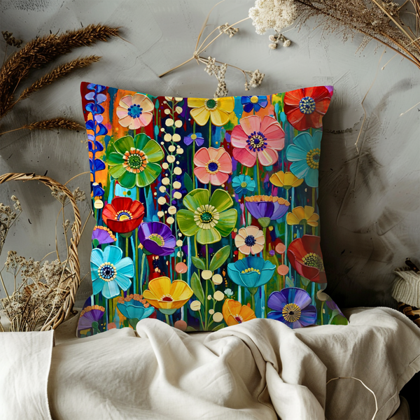 Vibrant Multicolor Flower Pillow Cover | Bold Floral Art | Joyful Nature Decor