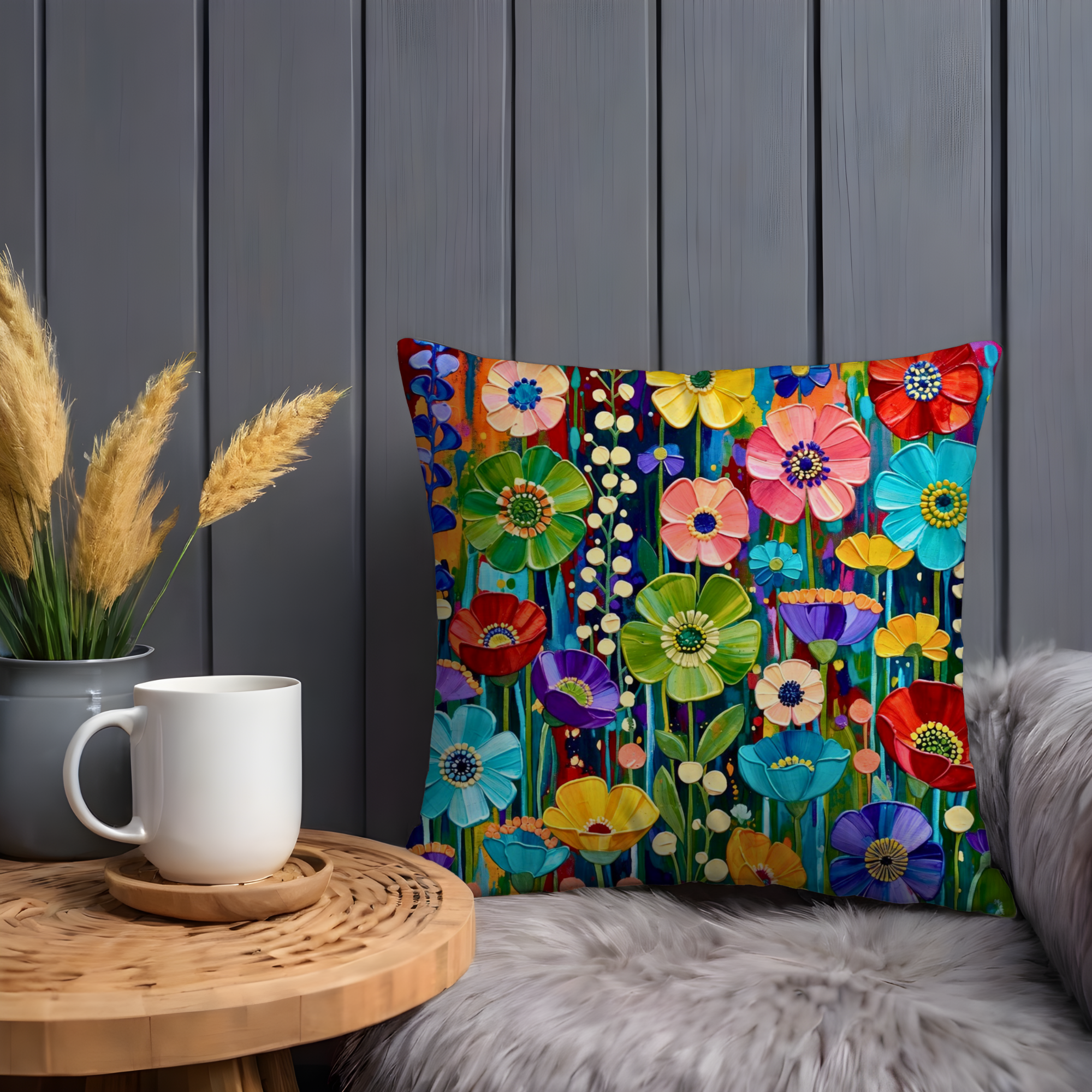 Vibrant Multicolor Flower Pillow Cover – Bold Floral Art | Joyful Nature Decor