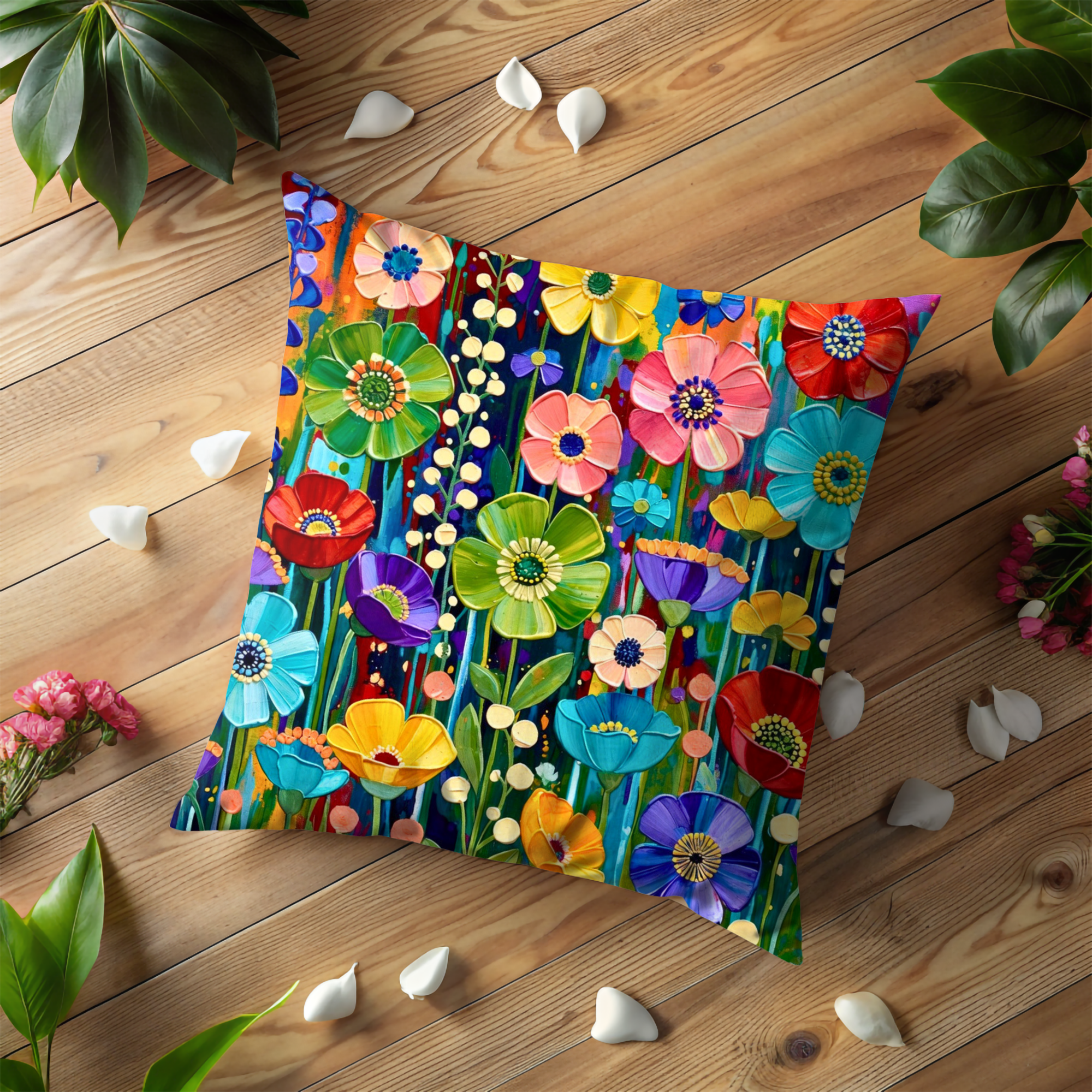 Vibrant Multicolor Flower Pillow Cover – Bold Floral Art | Joyful Nature Decor