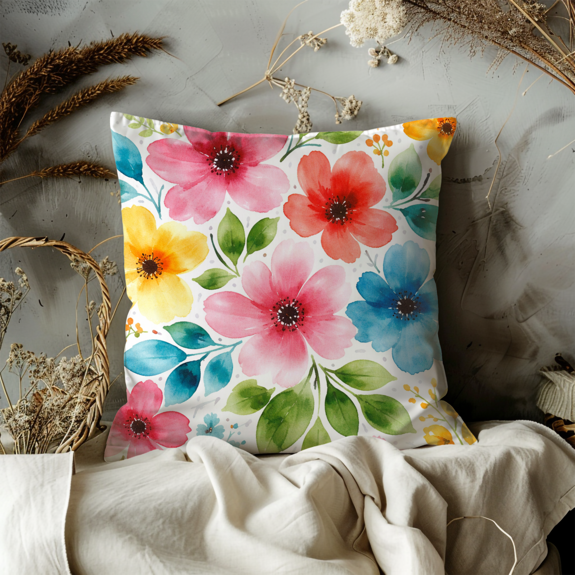 Colorful Watercolor Flower Pillow Cover – Fresh Floral Art | Cottagecore Decor