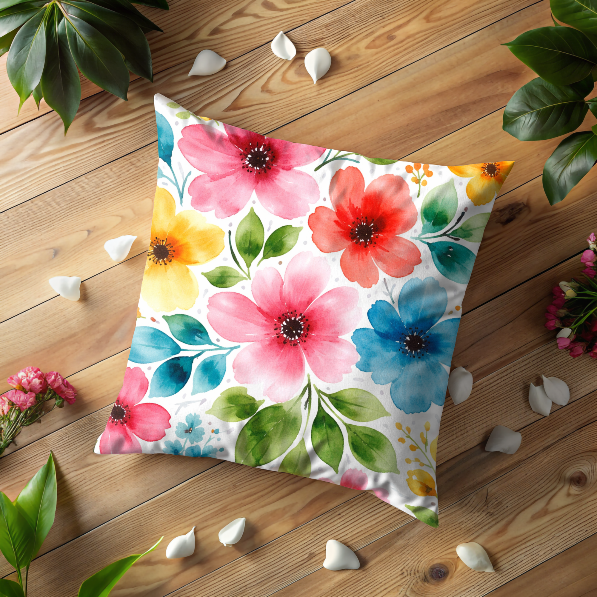 Colorful Watercolor Flower Pillow Cover – Fresh Floral Art | Cottagecore Decor