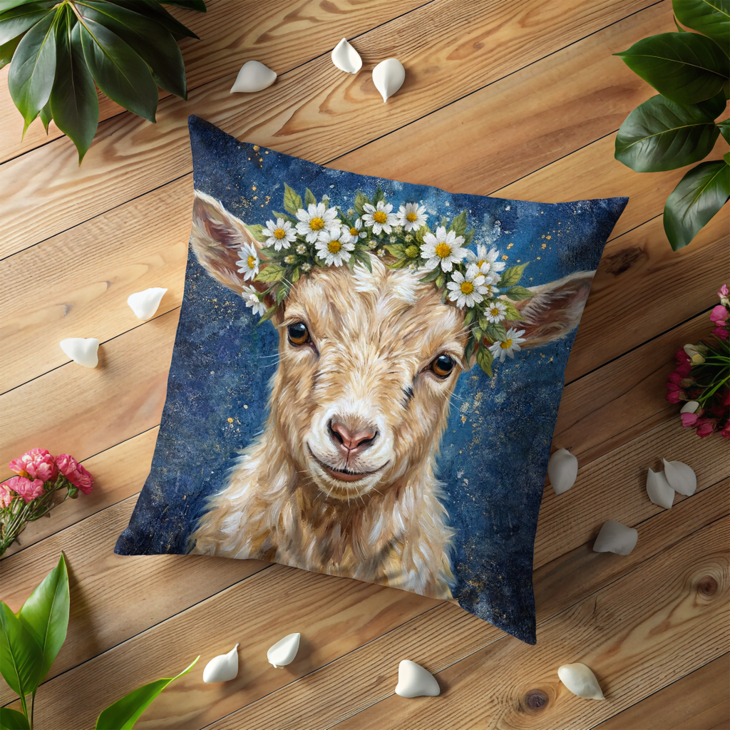 Baby Goat Flower Crown Pillow Cover | Cute Animal Art | Whimsical Nature Decor