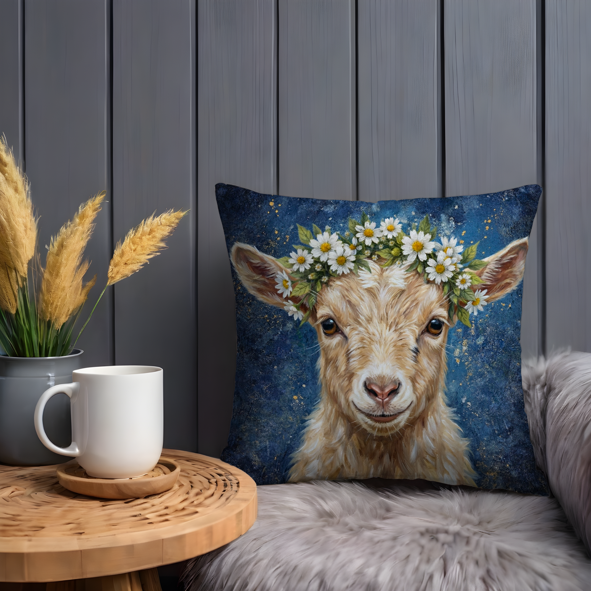 Baby Goat Flower Crown Pillow Cover | Cute Animal Art | Whimsical Nature Decor