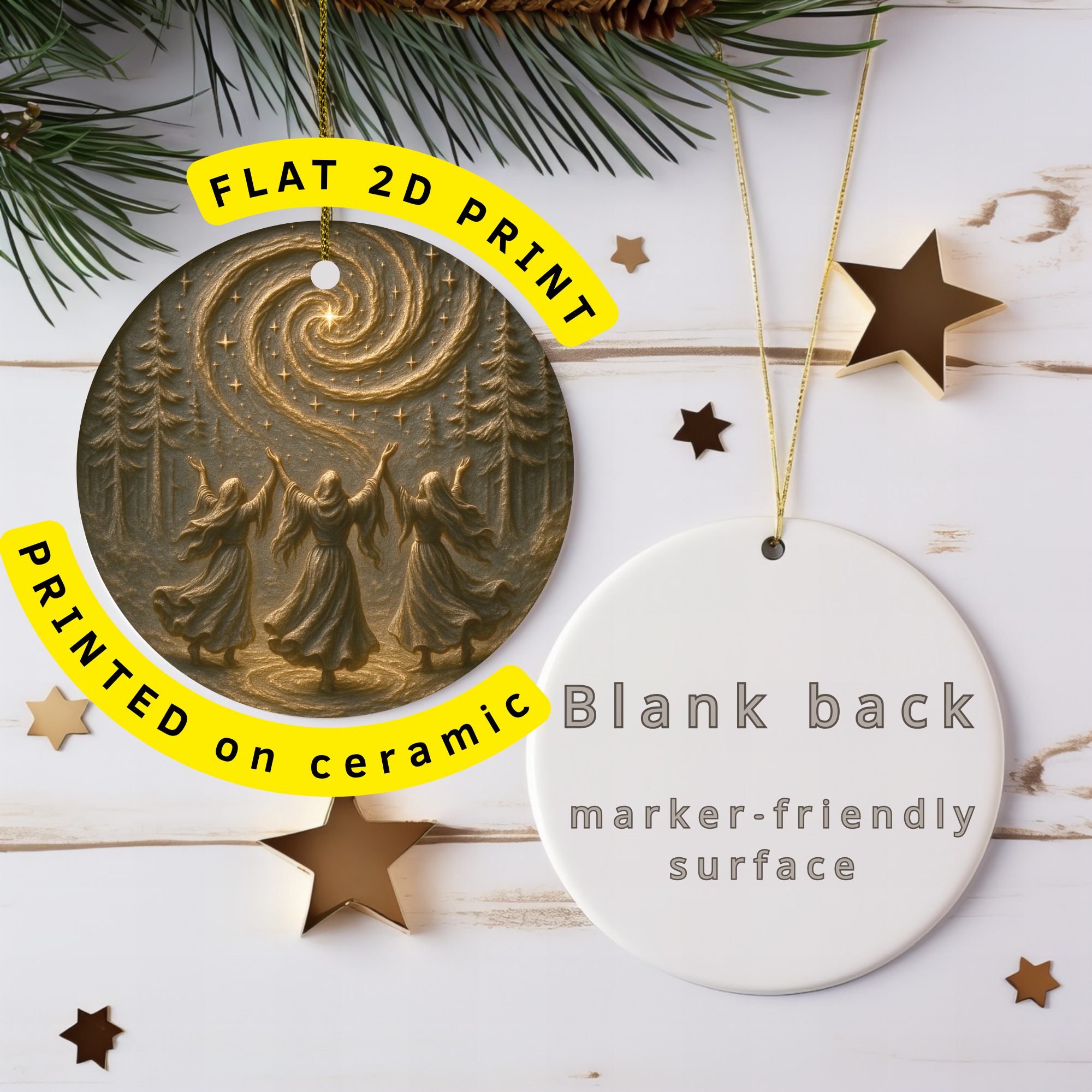 Golden Spiral Witches Ceramic Ornament – Pagan Yule Celestial Decor