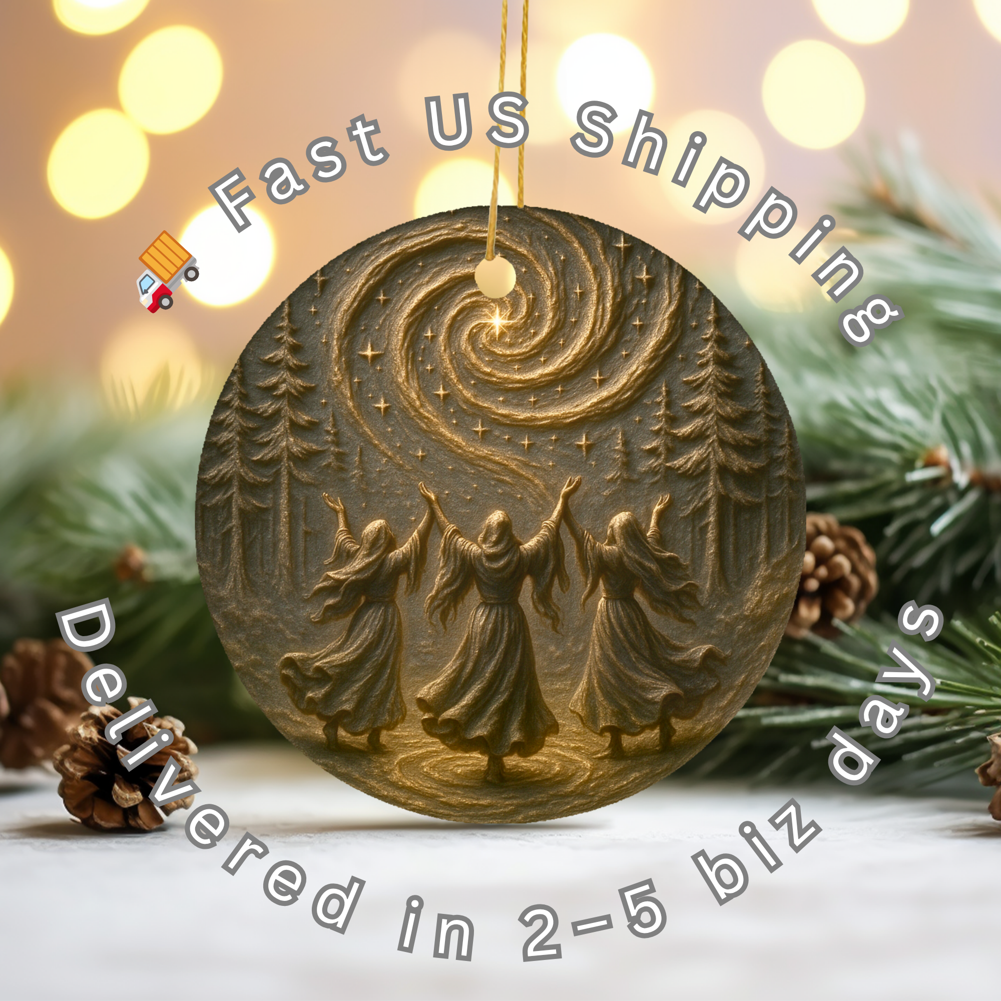 Golden Spiral Witches Ceramic Ornament – Pagan Yule Celestial Decor