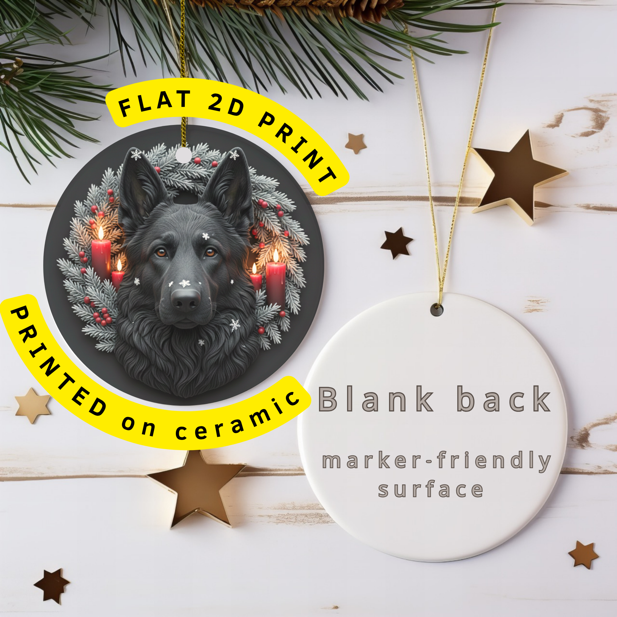 Black German Shepherd Ceramic Ornament – Winter Candle Wreath Decor