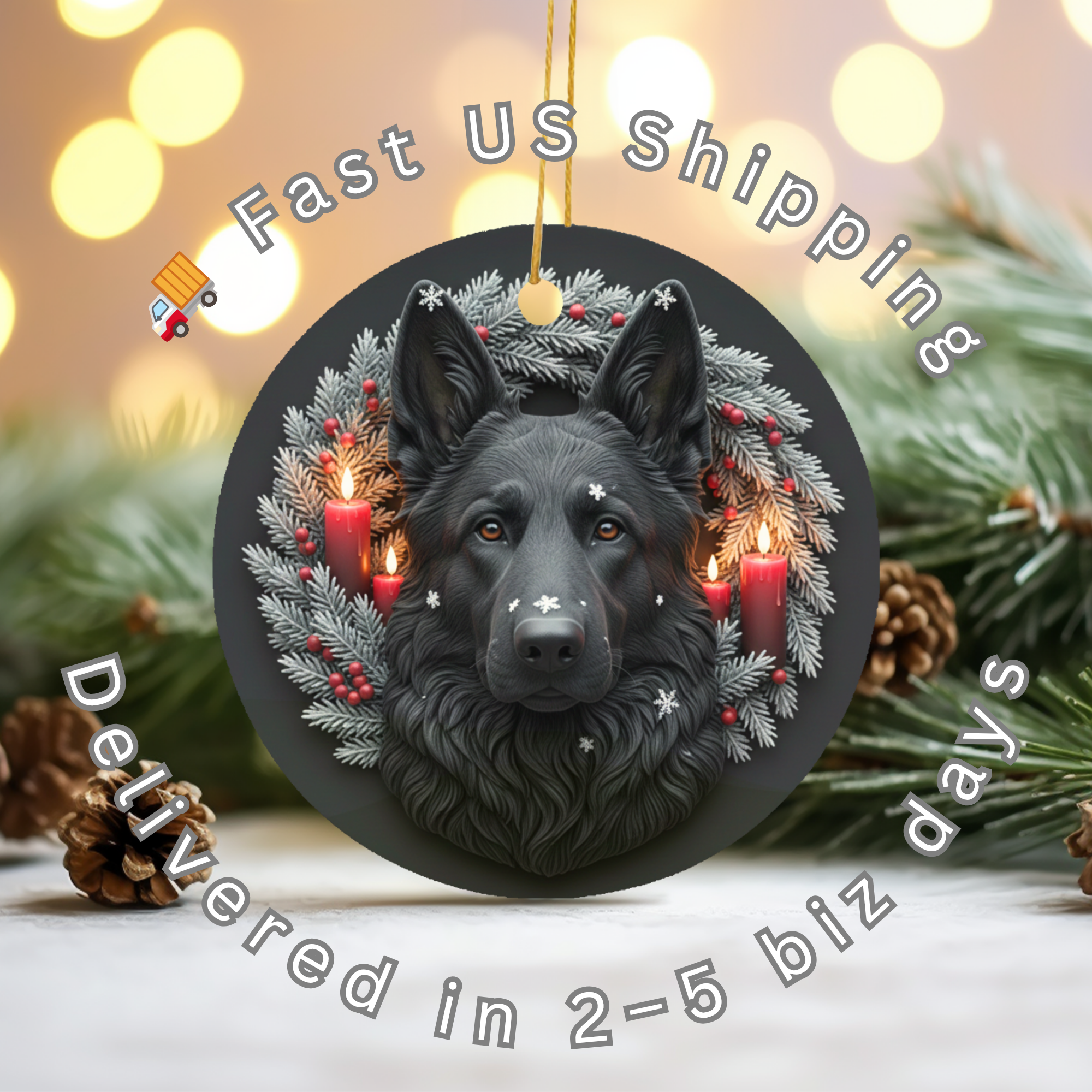 Black German Shepherd Ceramic Ornament – Winter Candle Wreath Decor