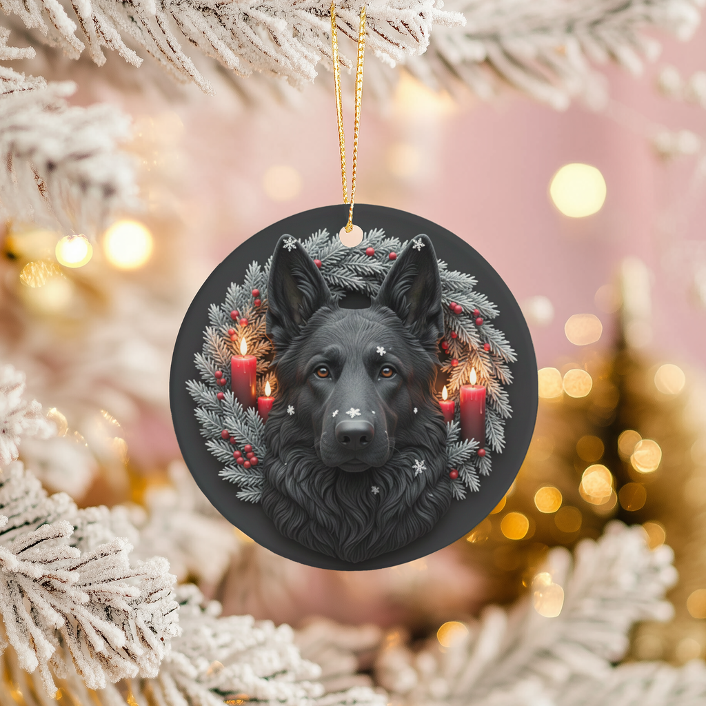 Black German Shepherd Ceramic Ornament – Winter Candle Wreath Decor