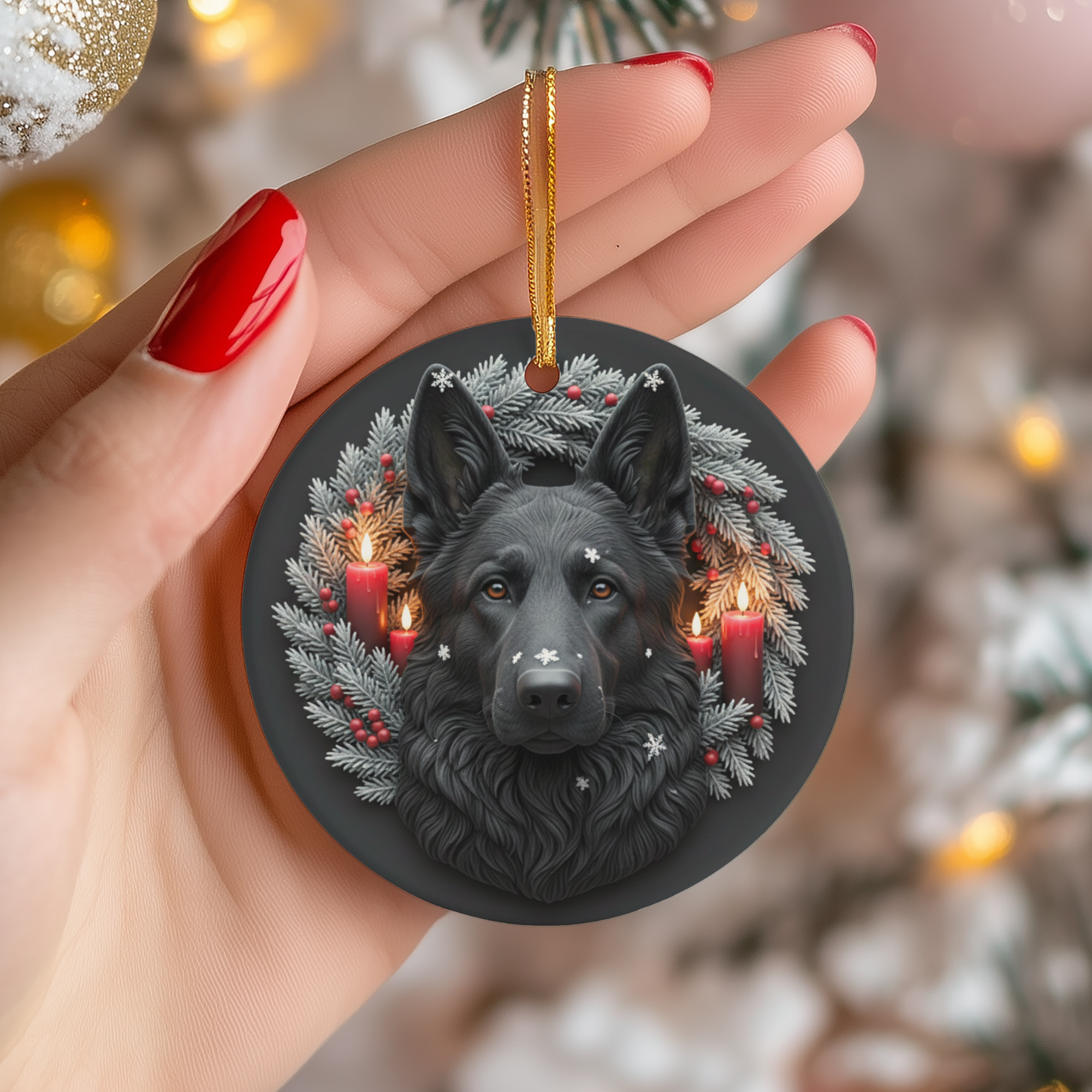 Black German Shepherd Ceramic Ornament – Winter Candle Wreath Decor