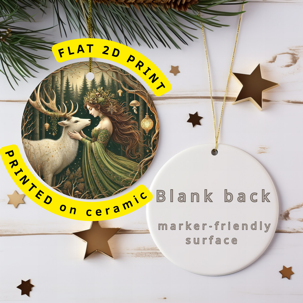 Forest Woman and White Stag Ceramic Ornament – Pagan Celestial Forest Decor