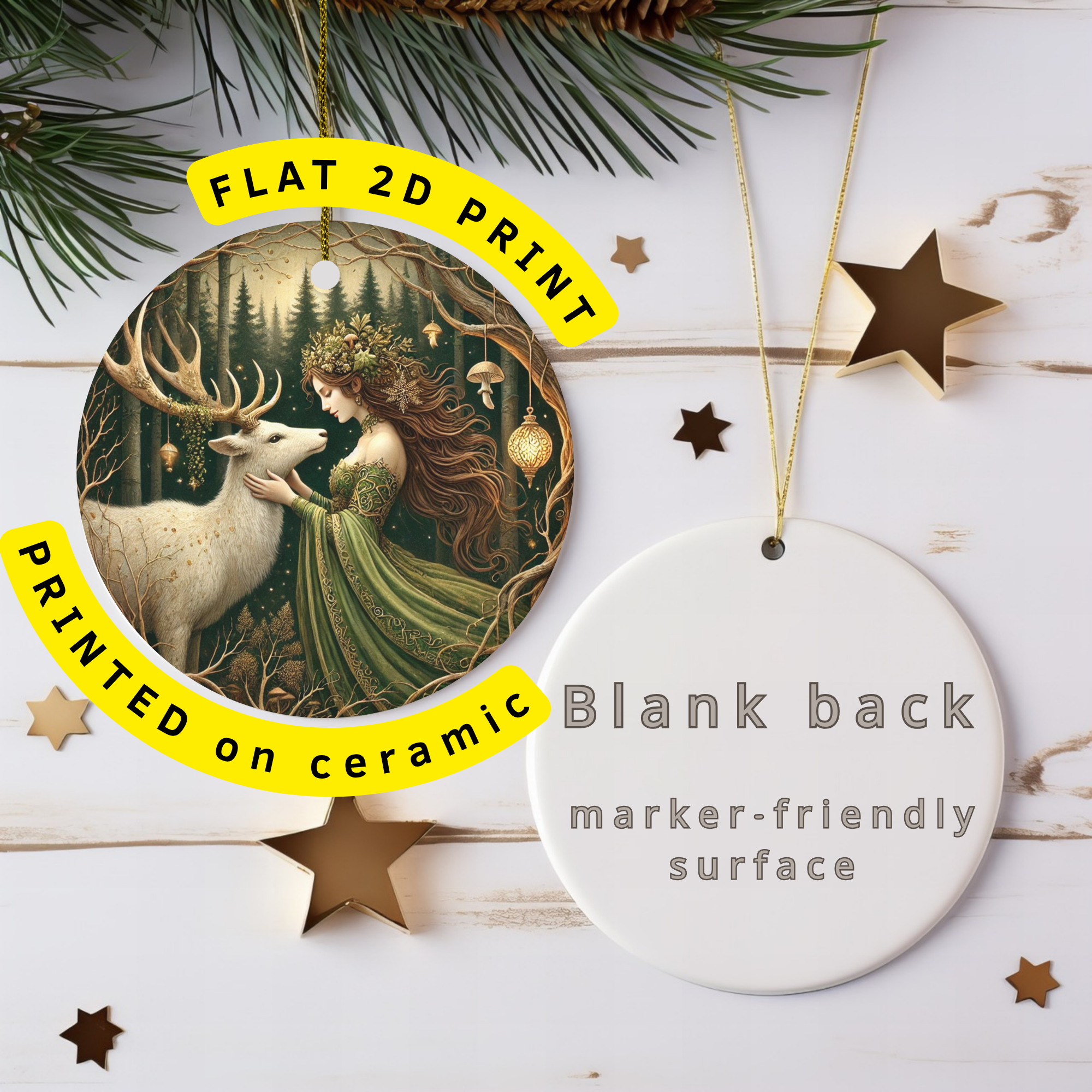 Forest Woman and White Stag Ceramic Ornament – Pagan Celestial Forest Decor