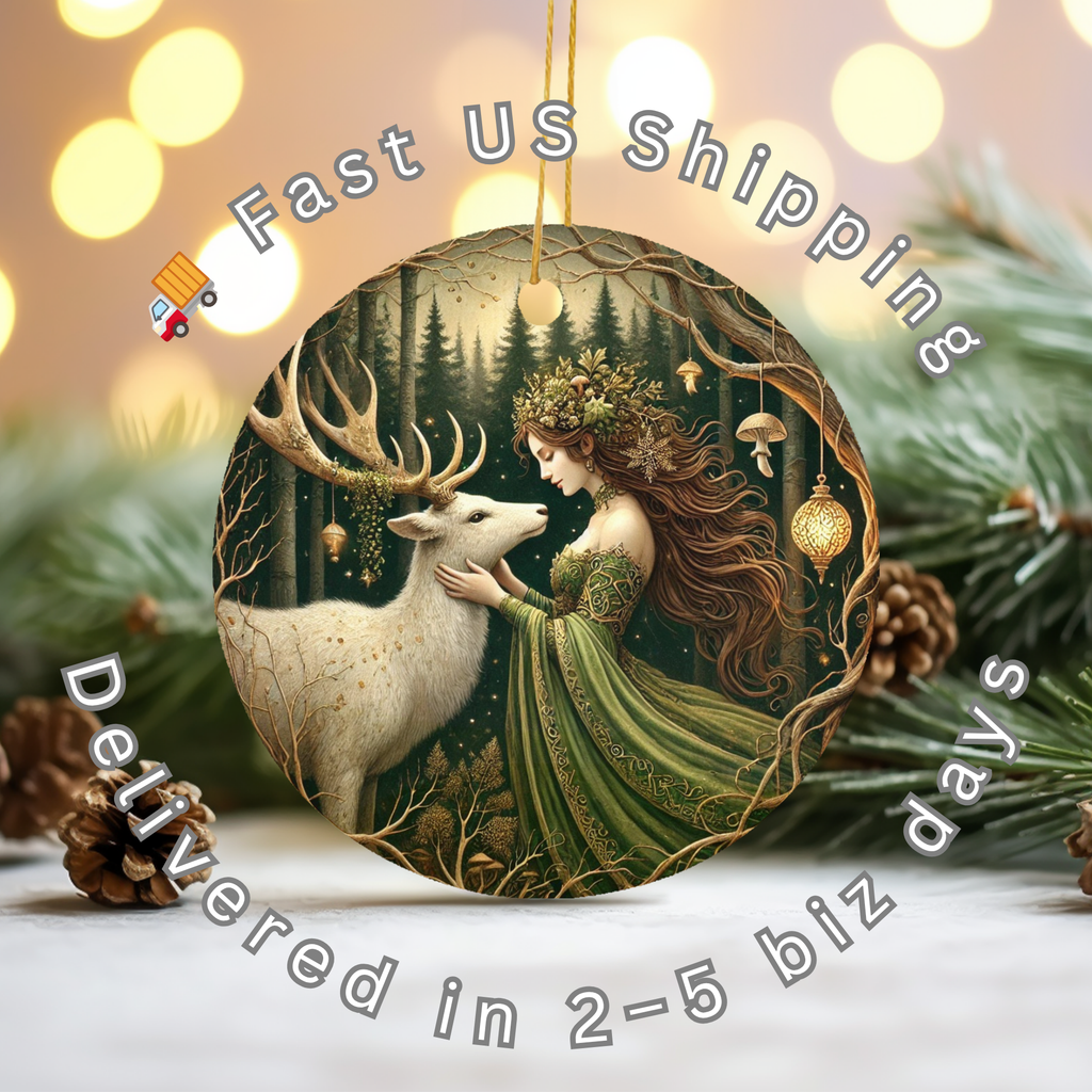 Forest Woman and White Stag Ceramic Ornament – Pagan Celestial Forest Decor