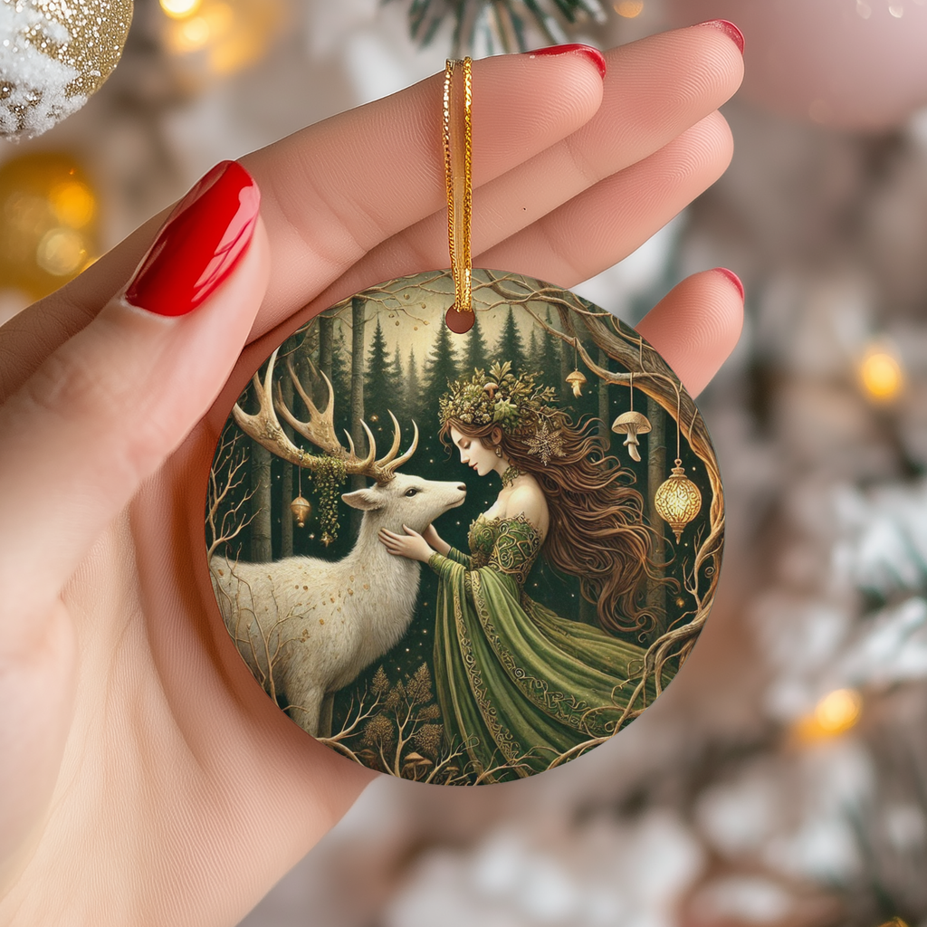 Forest Woman and White Stag Ceramic Ornament – Pagan Celestial Forest Decor