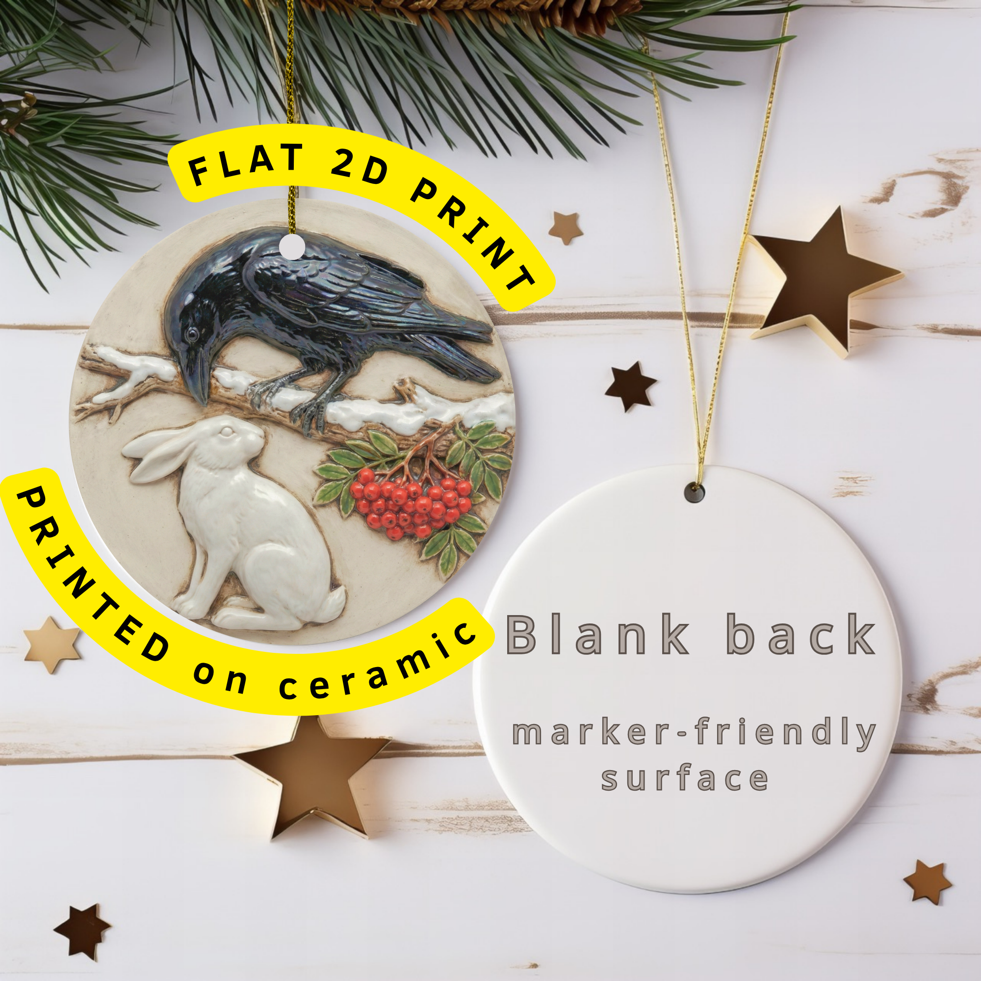 Raven and Hare Ceramic Ornament – Pagan Yule Celestial Decor