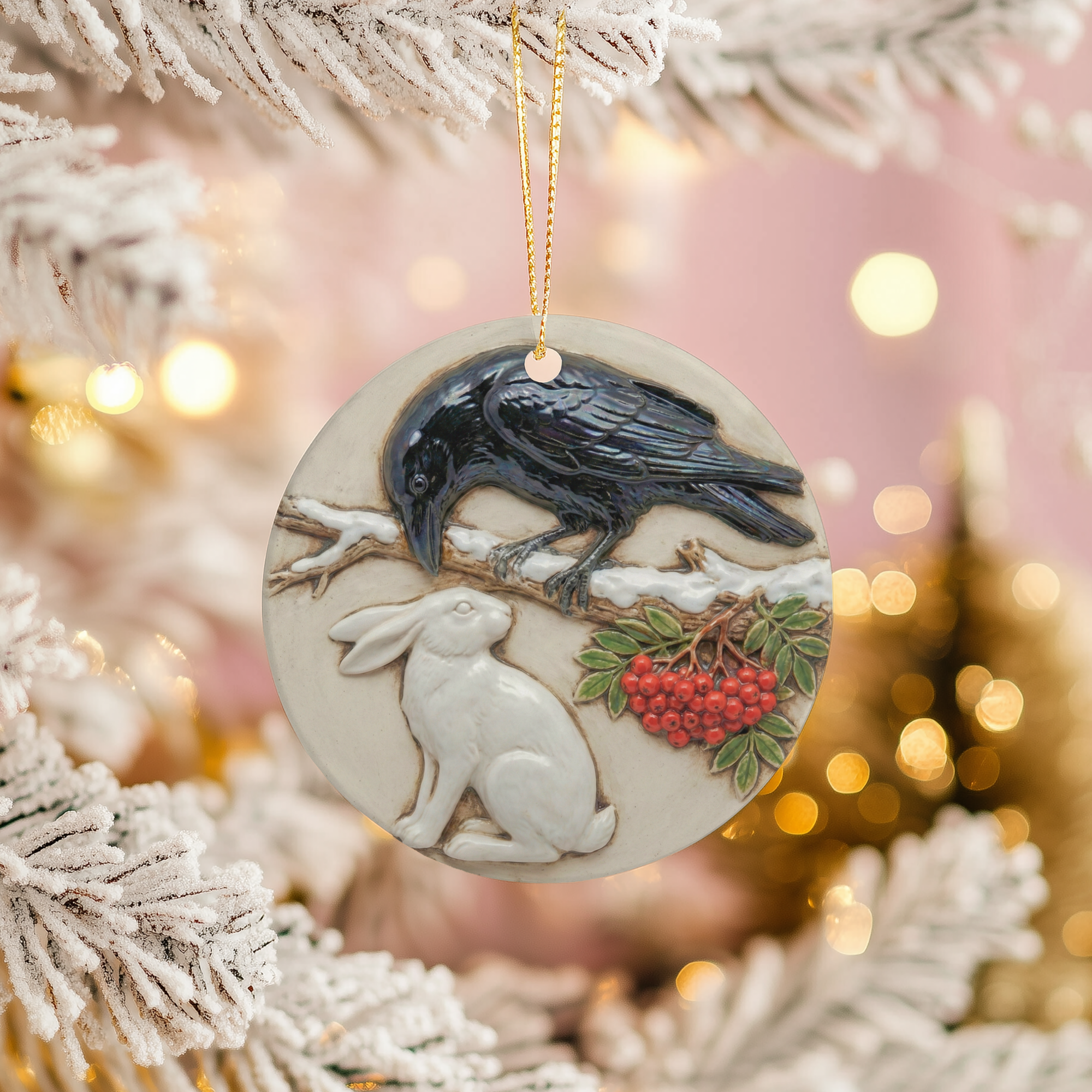 Raven and Hare Ceramic Ornament – Pagan Yule Celestial Decor