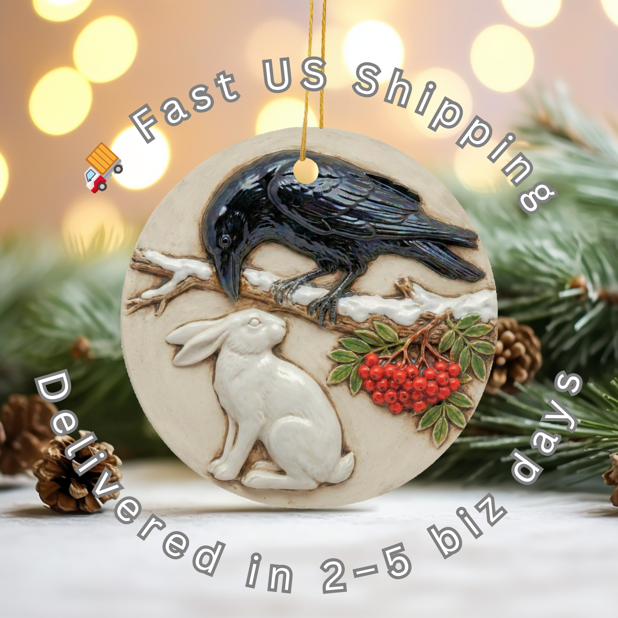 Raven and Hare Ceramic Ornament – Pagan Yule Celestial Decor