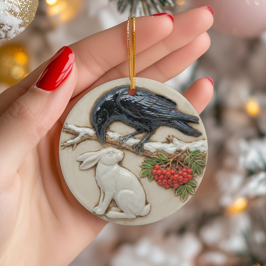 Raven and Hare Ceramic Ornament – Pagan Yule Celestial Decor