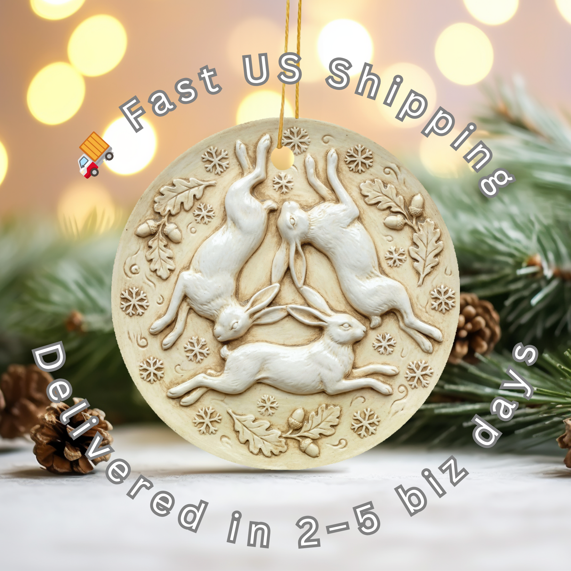 Three Hares Ceramic Ornament – Pagan Yule Folklore Decor