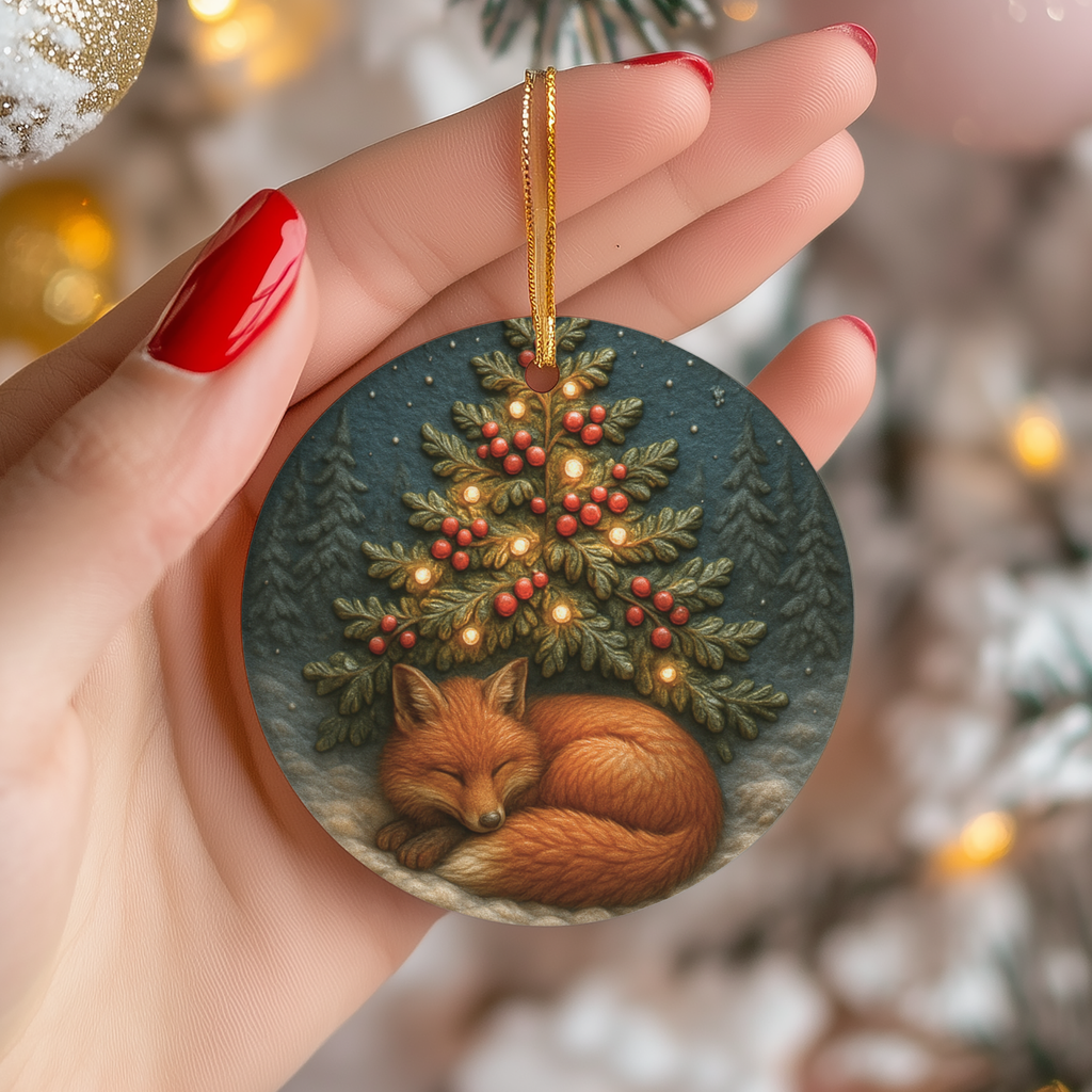 Sleeping Fox Ceramic Ornament – Winter Woodland Christmas Decor