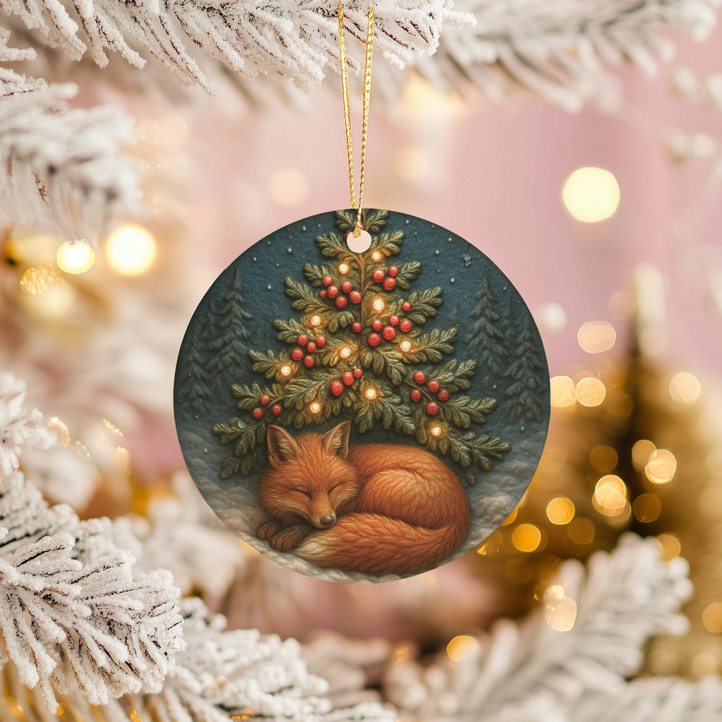 Sleeping Fox Ceramic Ornament – Winter Woodland Christmas Decor
