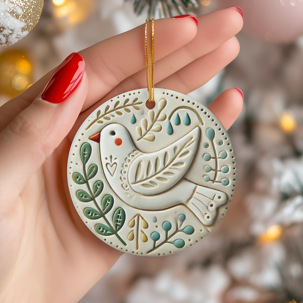 Folk Art Dove Ceramic Ornament – Nordic Folk Holiday Decor
