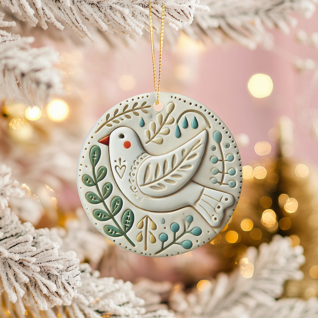 Folk Art Dove Ceramic Ornament – Nordic Folk Holiday Decor