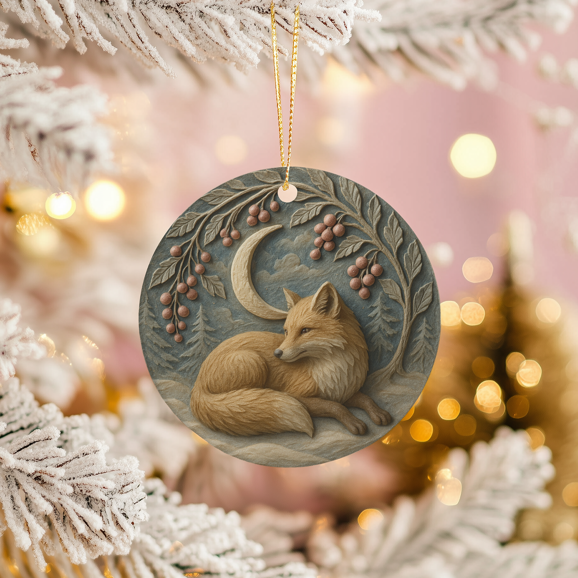 Fox Crescent Moon Ceramic Ornament – Woodland Christmas Decor