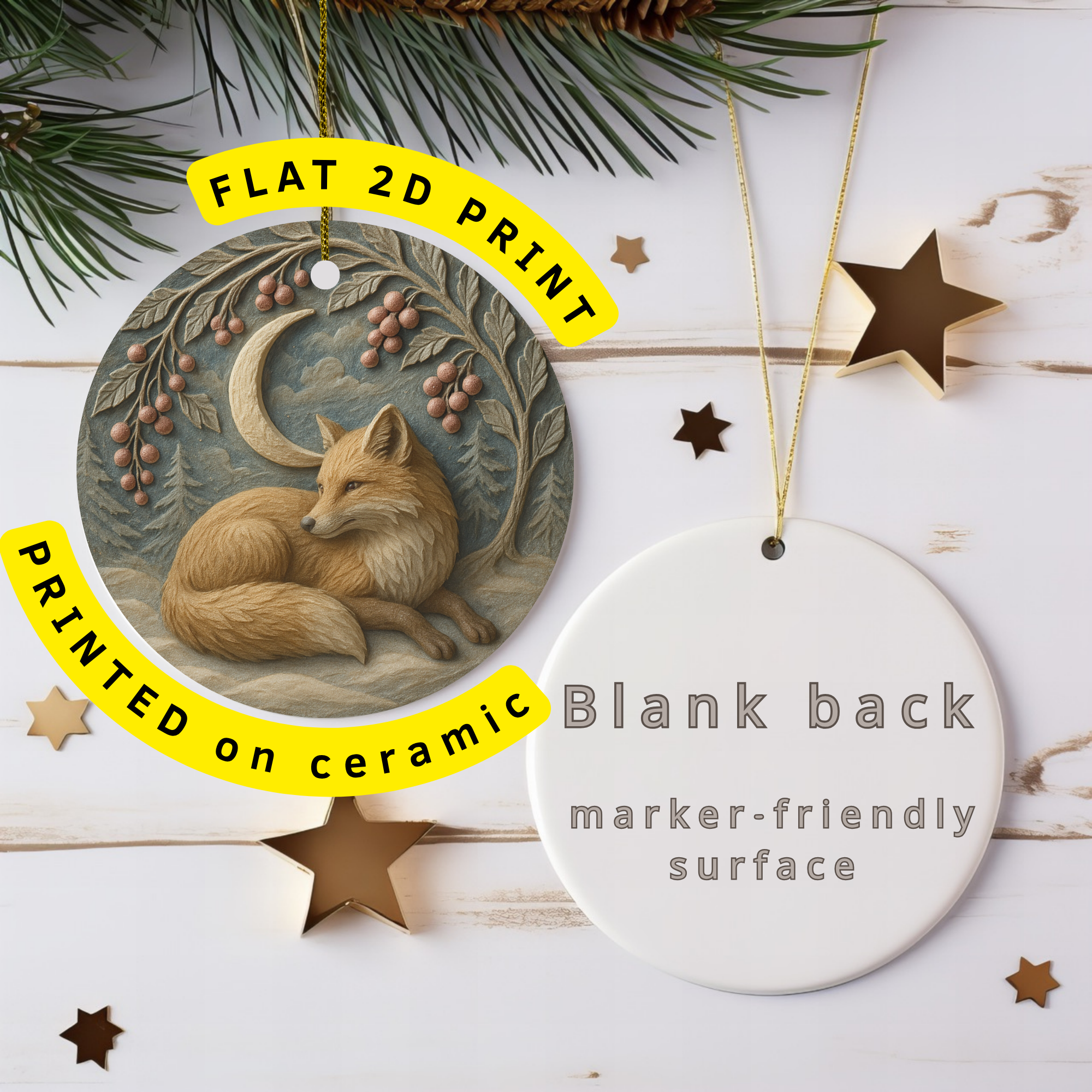 Fox Crescent Moon Ceramic Ornament – Woodland Christmas Decor