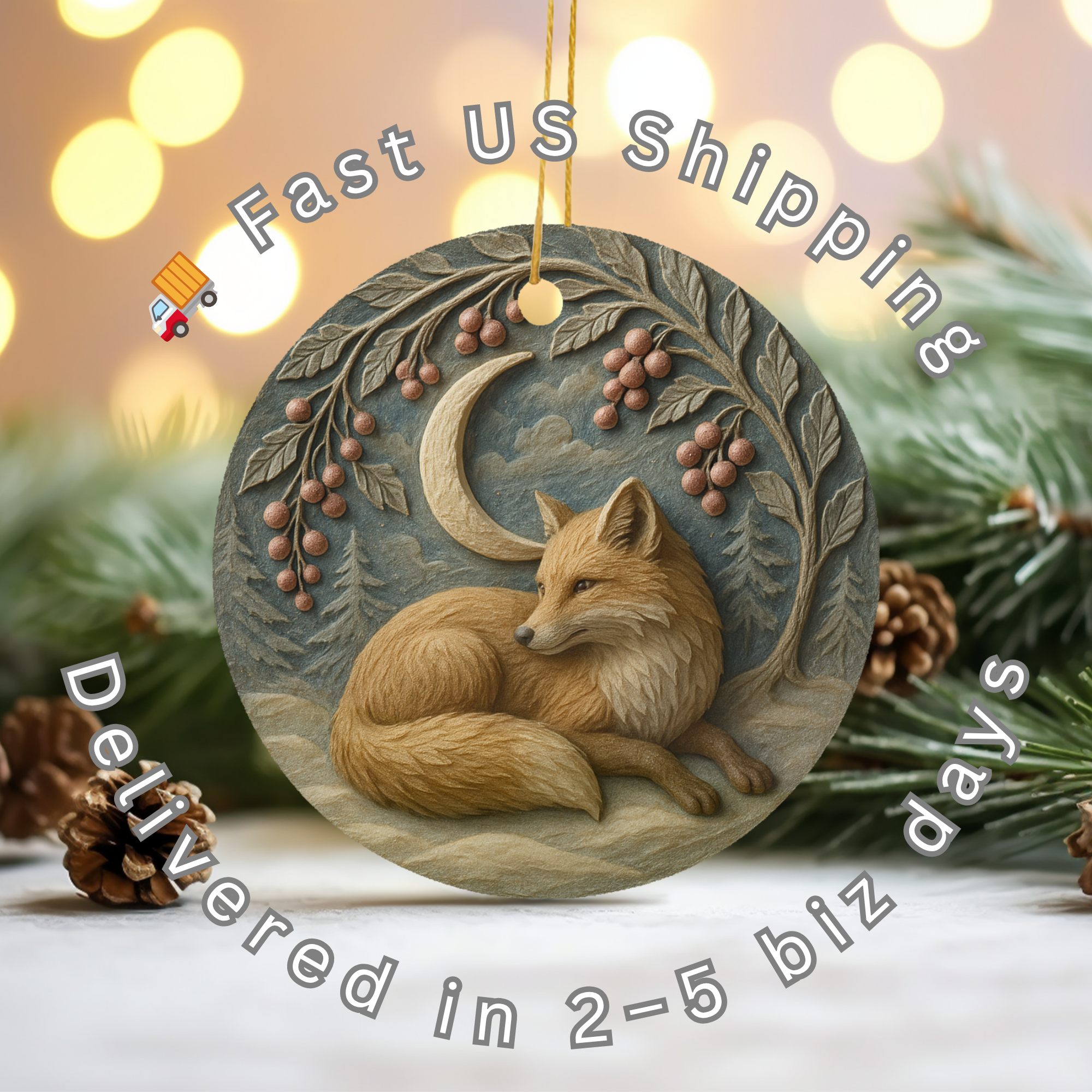 Fox Crescent Moon Ceramic Ornament – Woodland Christmas Decor