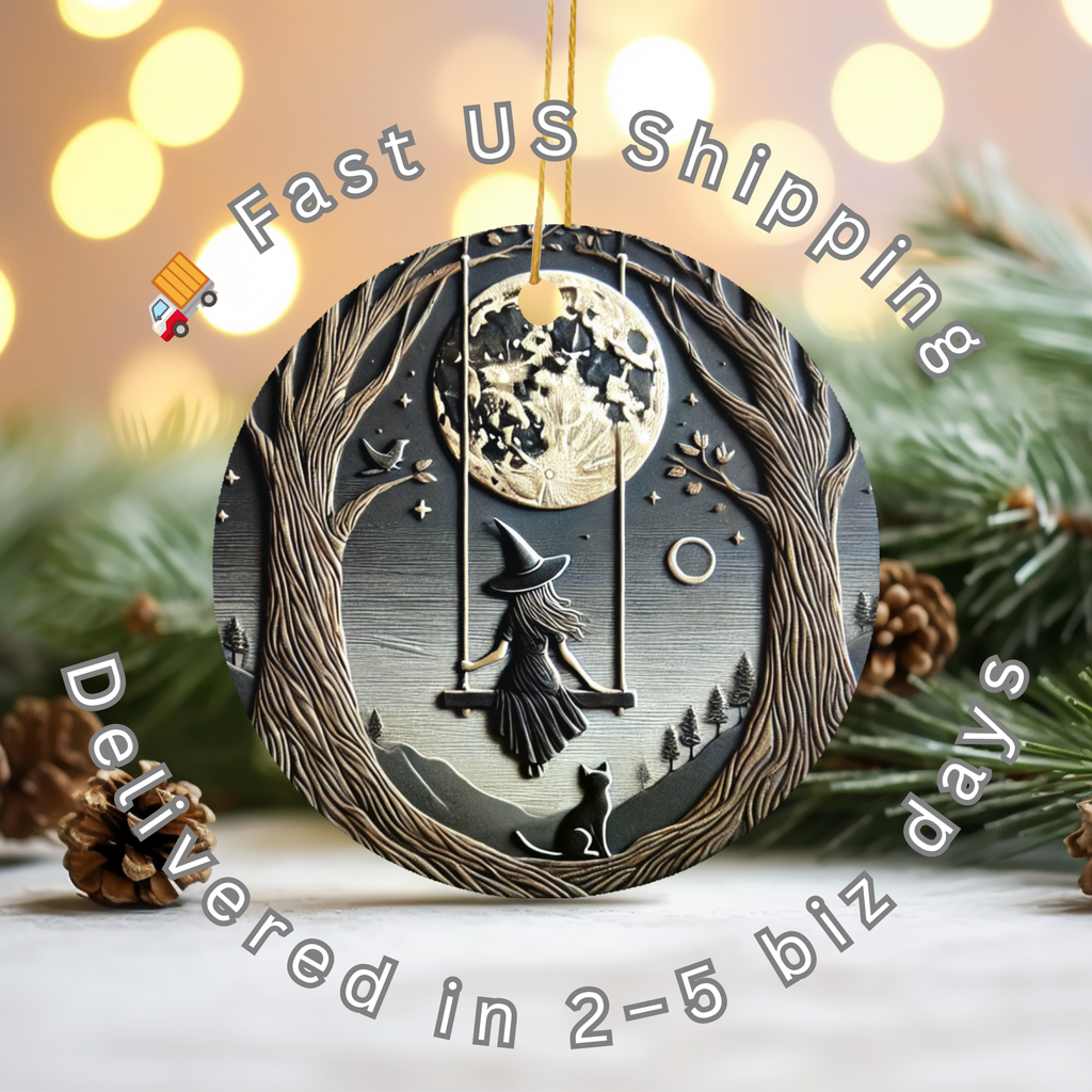 Witch Cat and Moon Ceramic Ornament – Gothic Day and Night