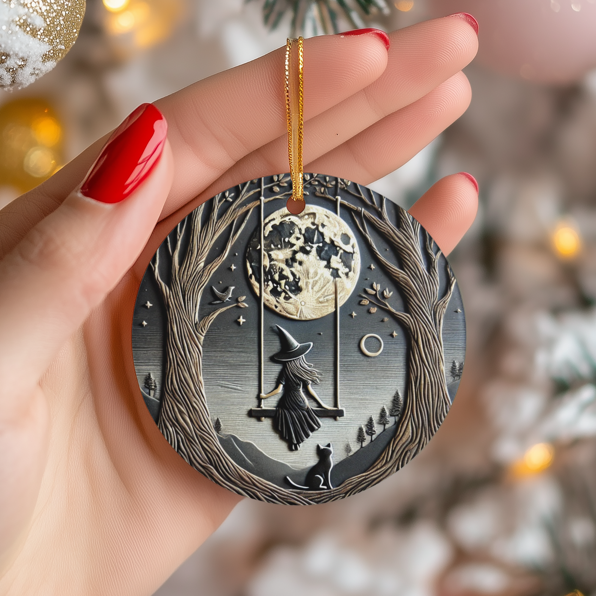 Witch Cat and Moon Ceramic Ornament – Gothic Day and Night