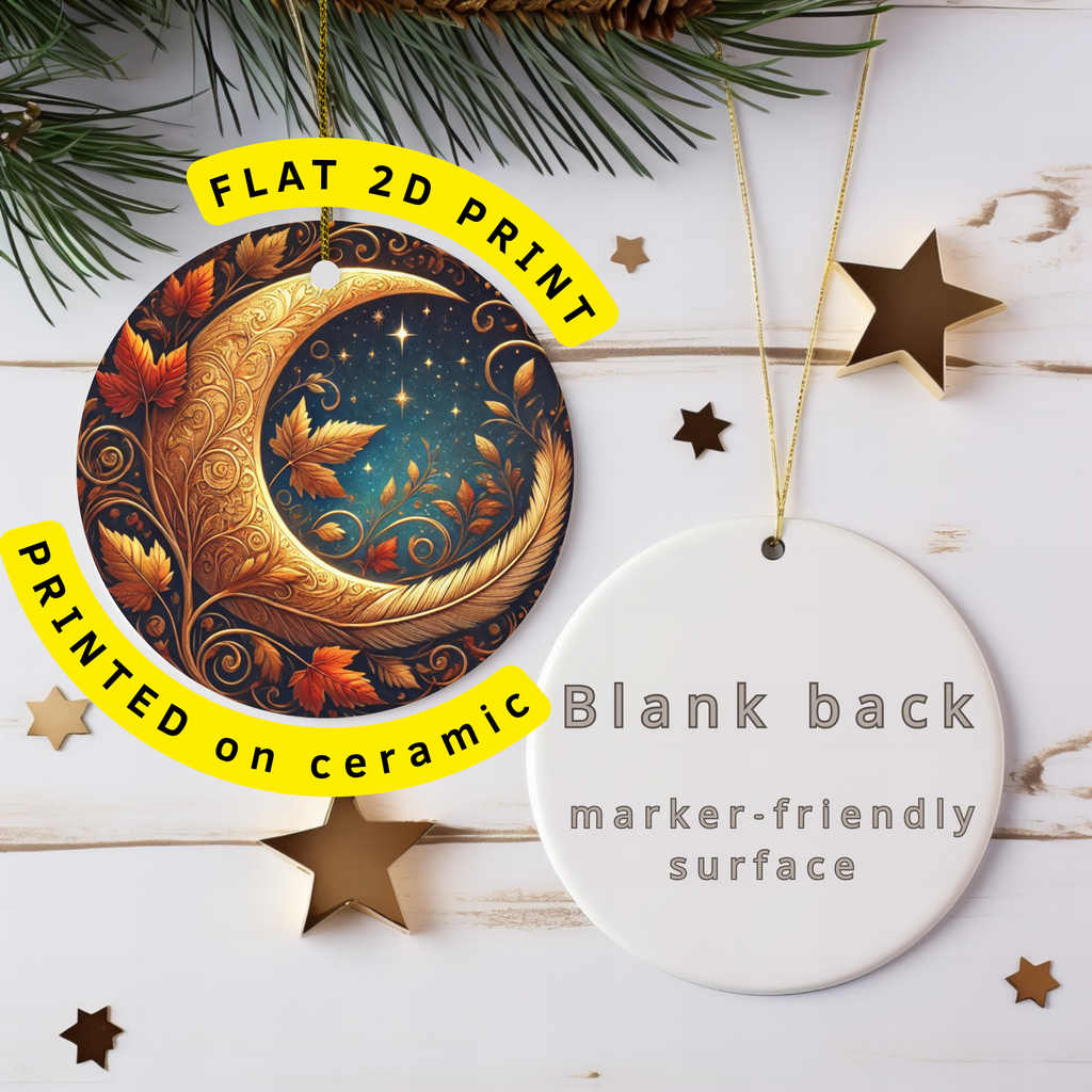Golden Crescent Moon with Deer Ceramic Ornament – Winter Woodland Night
