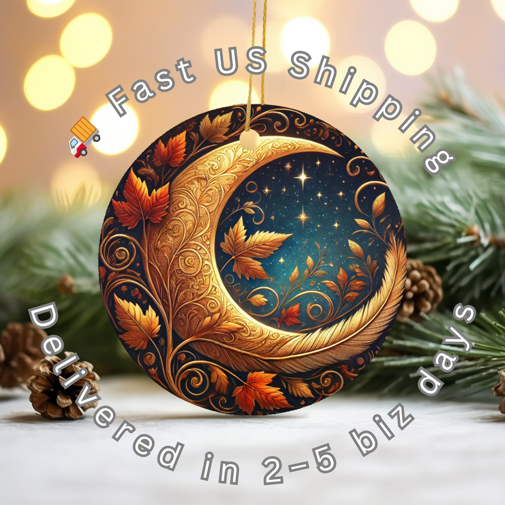 Golden Crescent Moon with Deer Ceramic Ornament – Winter Woodland Night