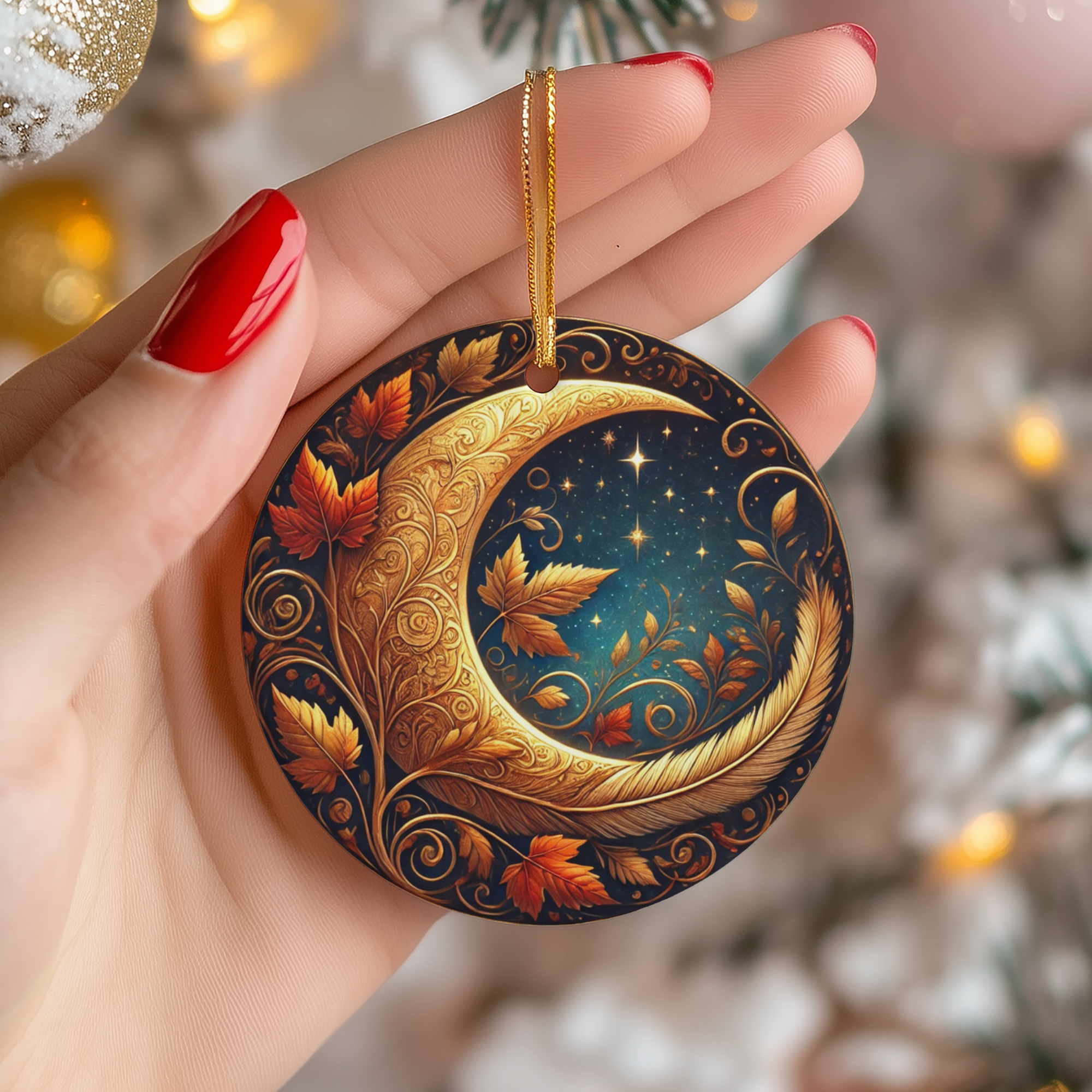 Golden Crescent Moon with Deer Ceramic Ornament – Winter Woodland Night