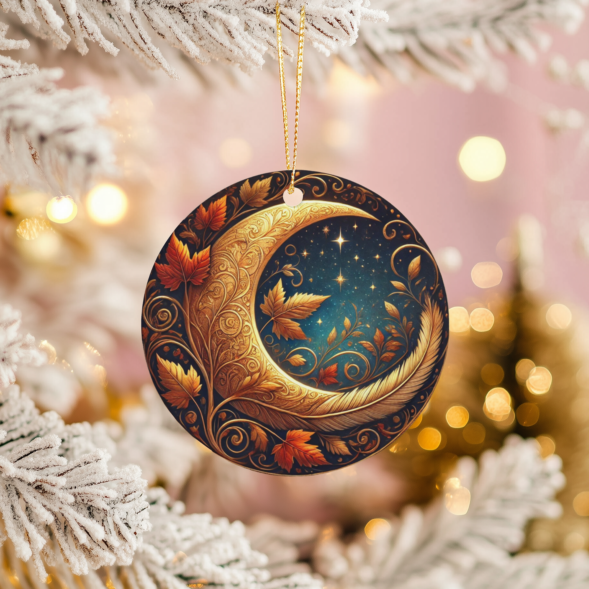 Golden Crescent Moon with Deer Ceramic Ornament – Winter Woodland Night