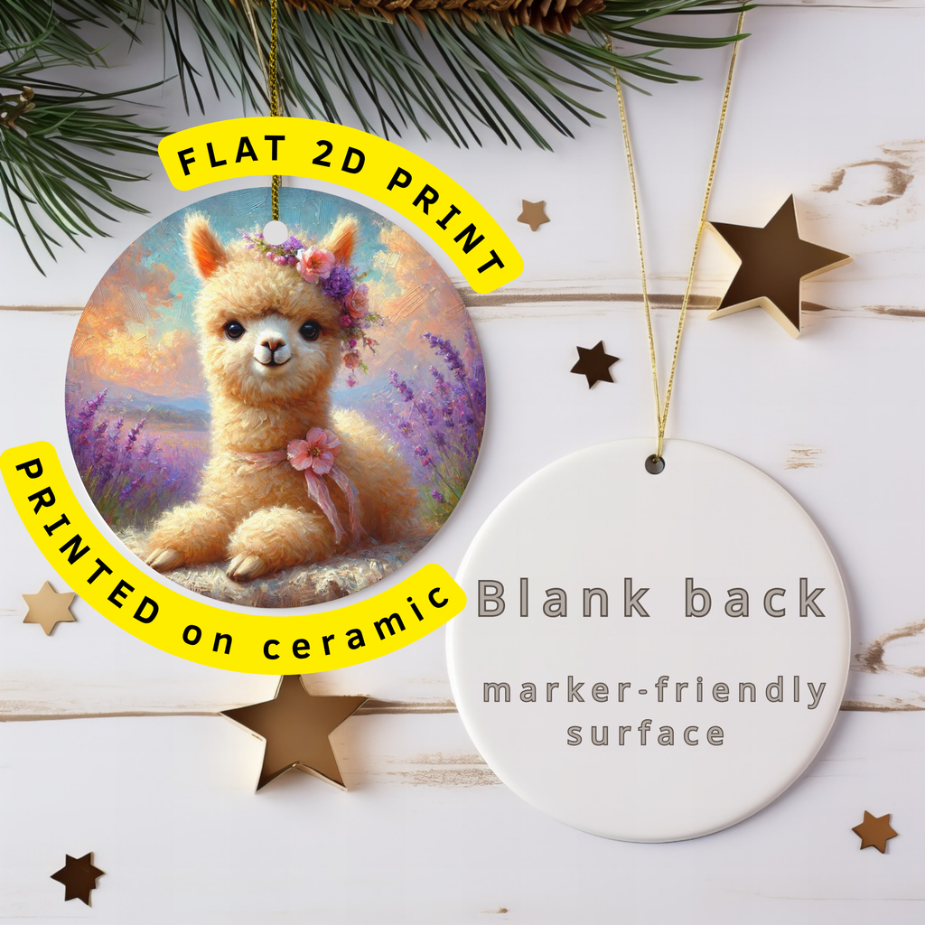 Floral Alpaca Ceramic Ornament – Botanical Folk Portrait