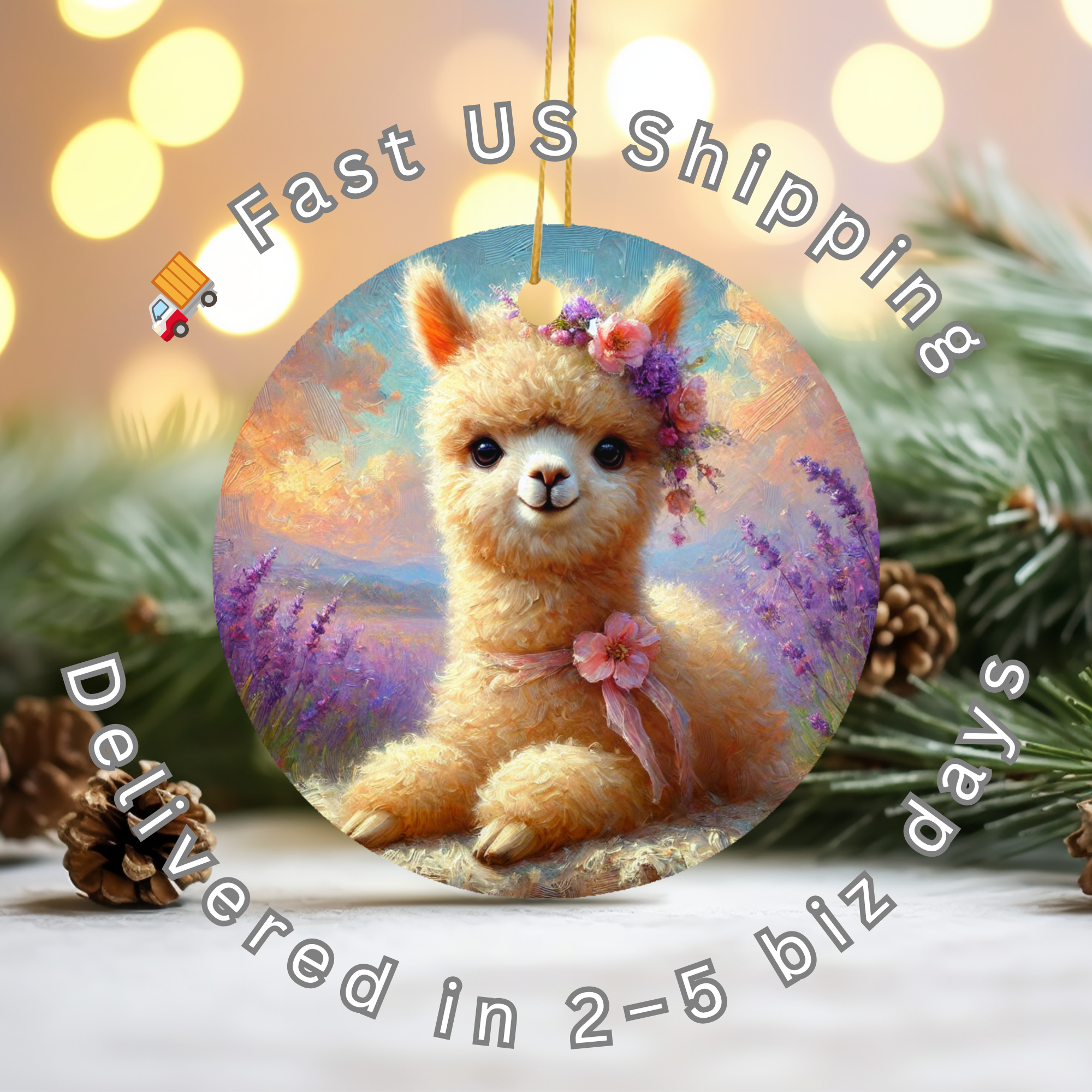 Floral Alpaca Ceramic Ornament – Botanical Folk Portrait
