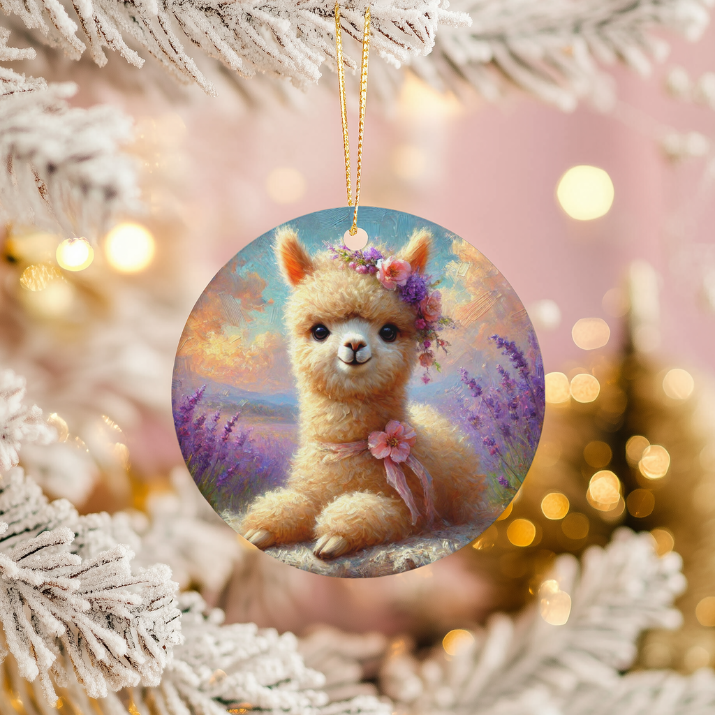 Floral Alpaca Ceramic Ornament – Botanical Folk Portrait