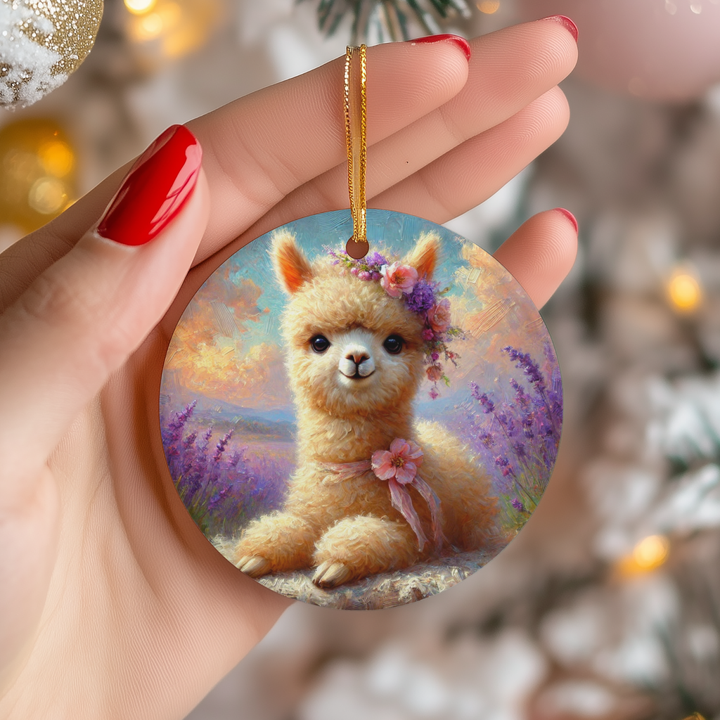 Floral Alpaca Ceramic Ornament – Botanical Folk Portrait