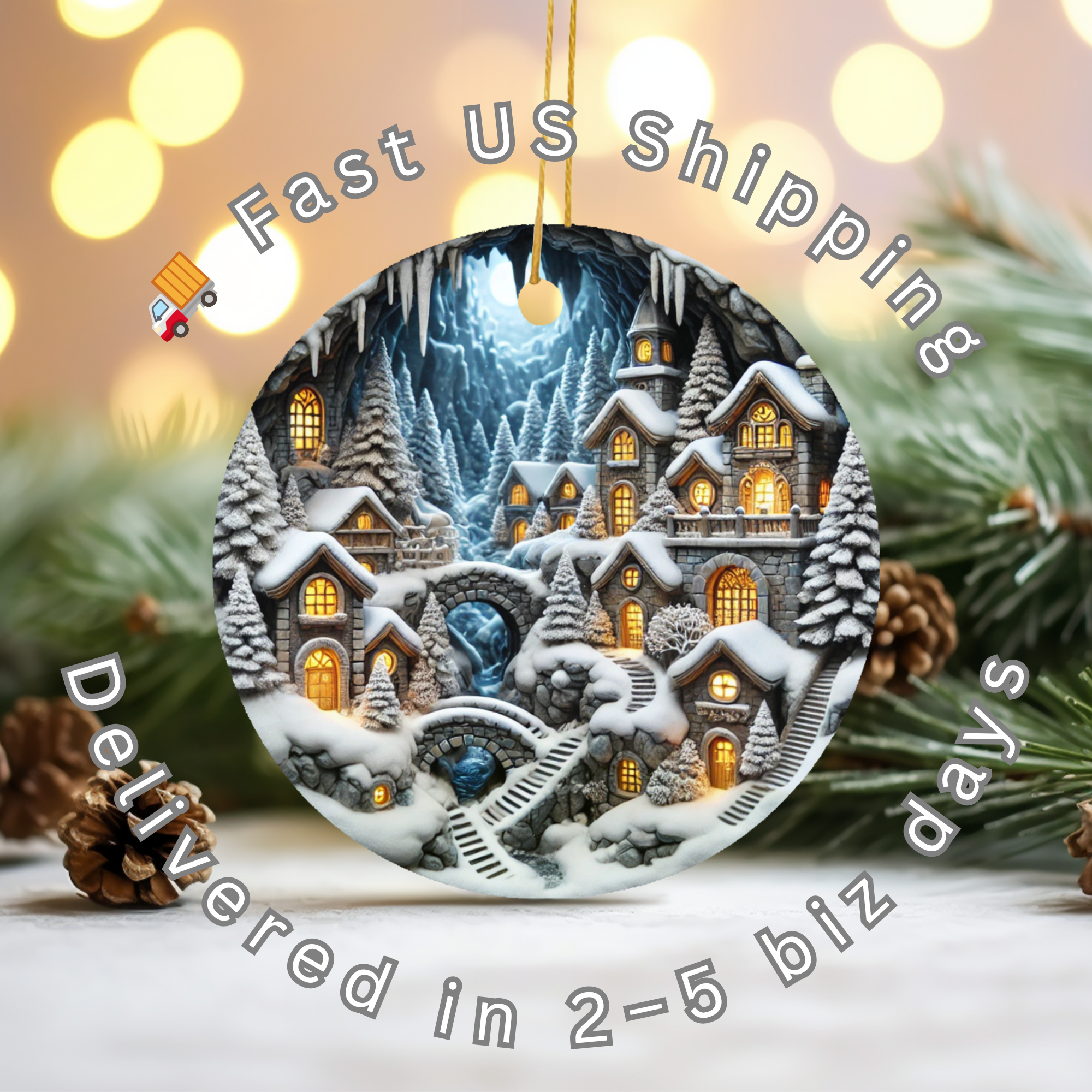 Cozy Winter Village Ceramic Ornament – Christmas Town Scene