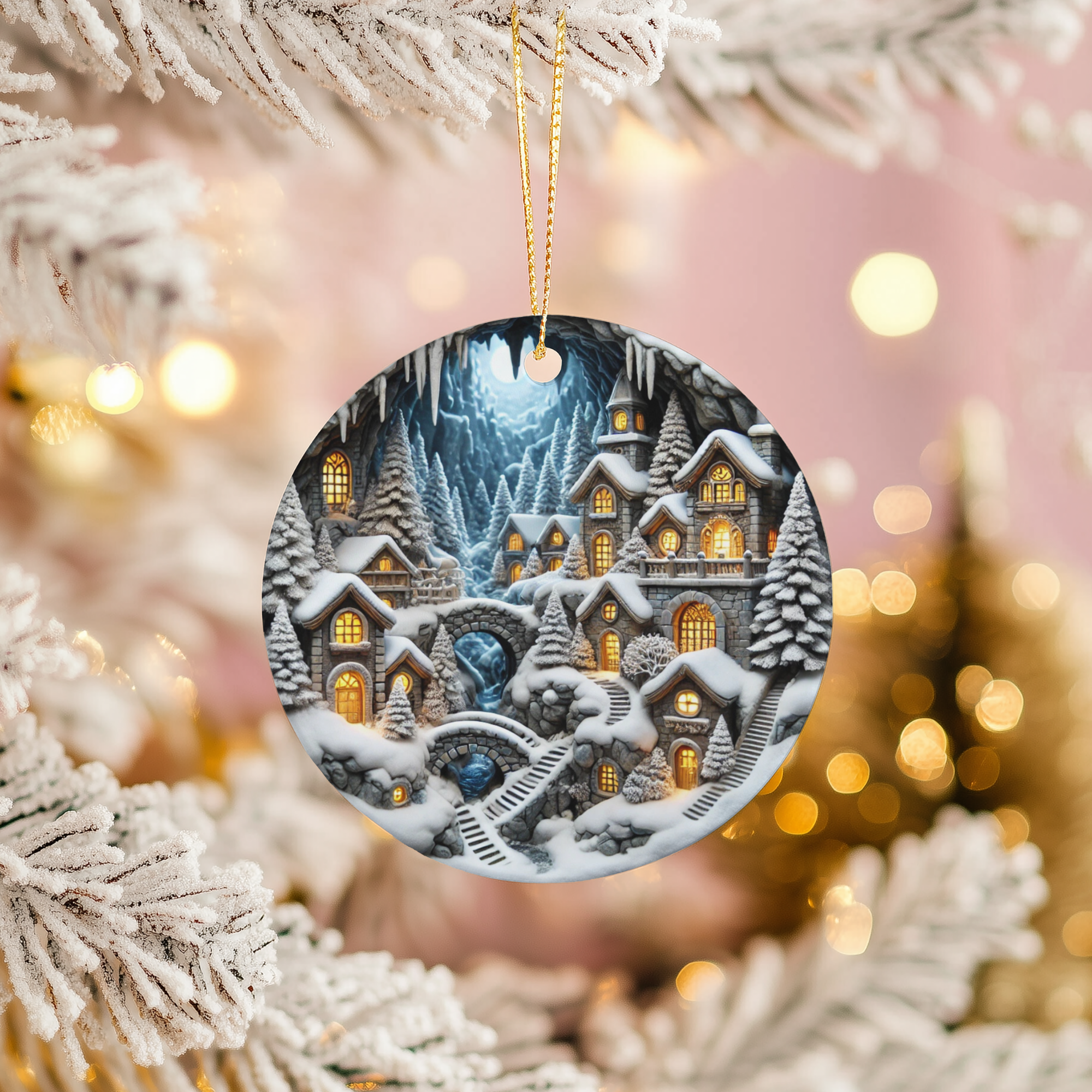 Cozy Winter Village Ceramic Ornament – Christmas Town Scene