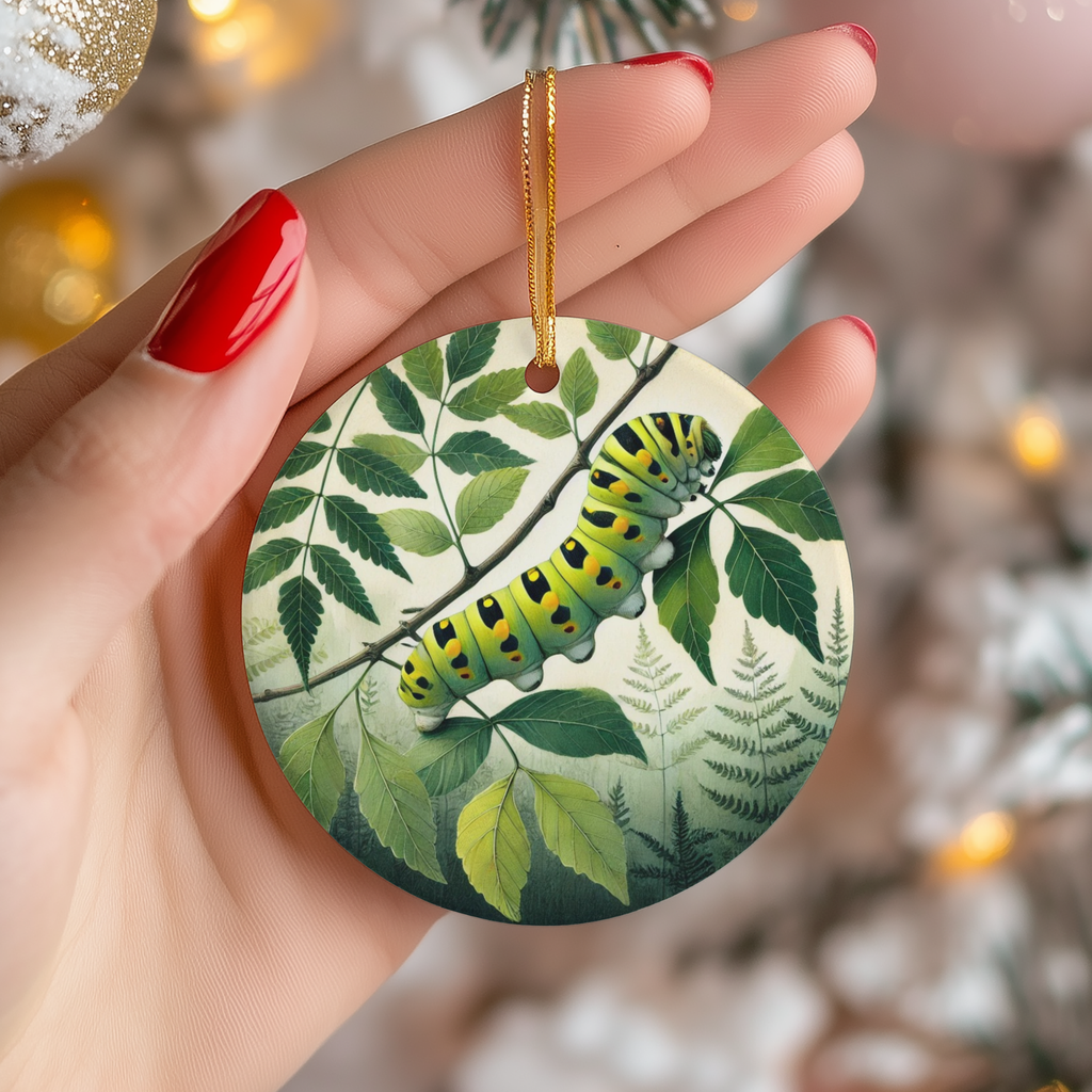 Green Caterpillar Ceramic Ornament – Whimsical Garden Critter