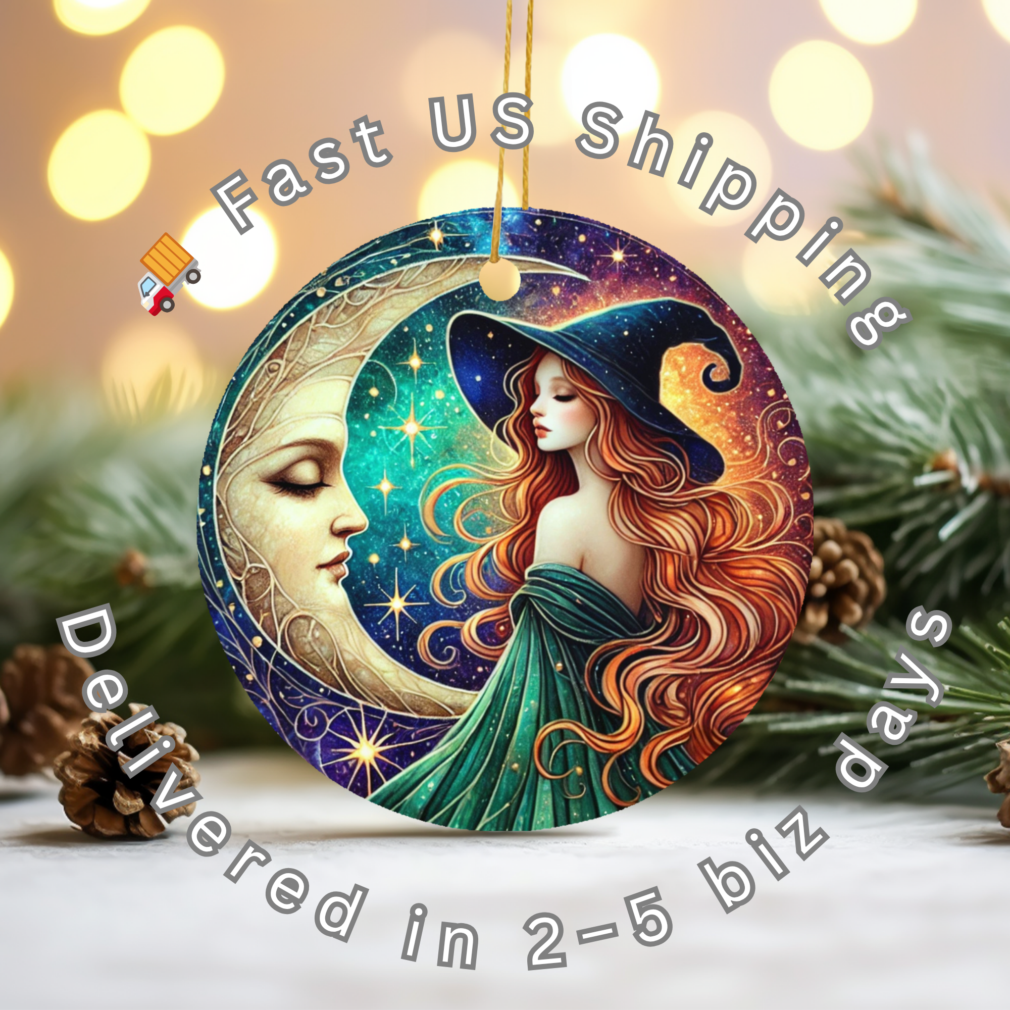 Green Witch Moon Goddess Ceramic Ornament – Pagan Yule Night