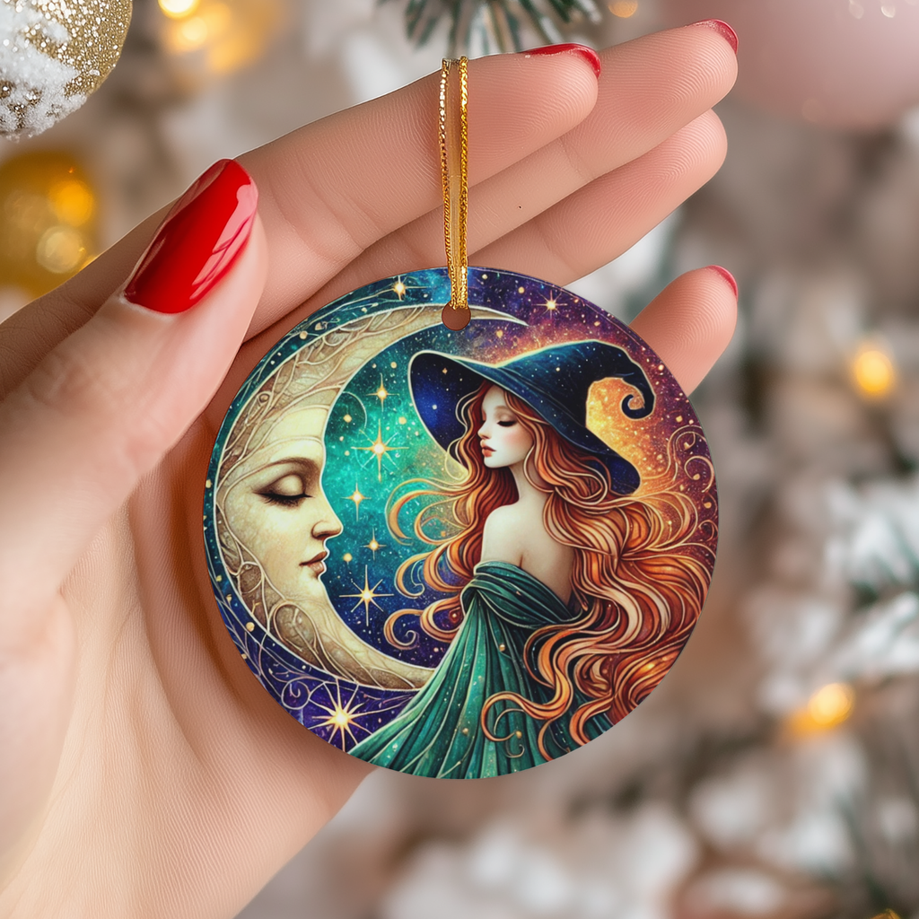 Green Witch Moon Goddess Ceramic Ornament – Pagan Yule Night